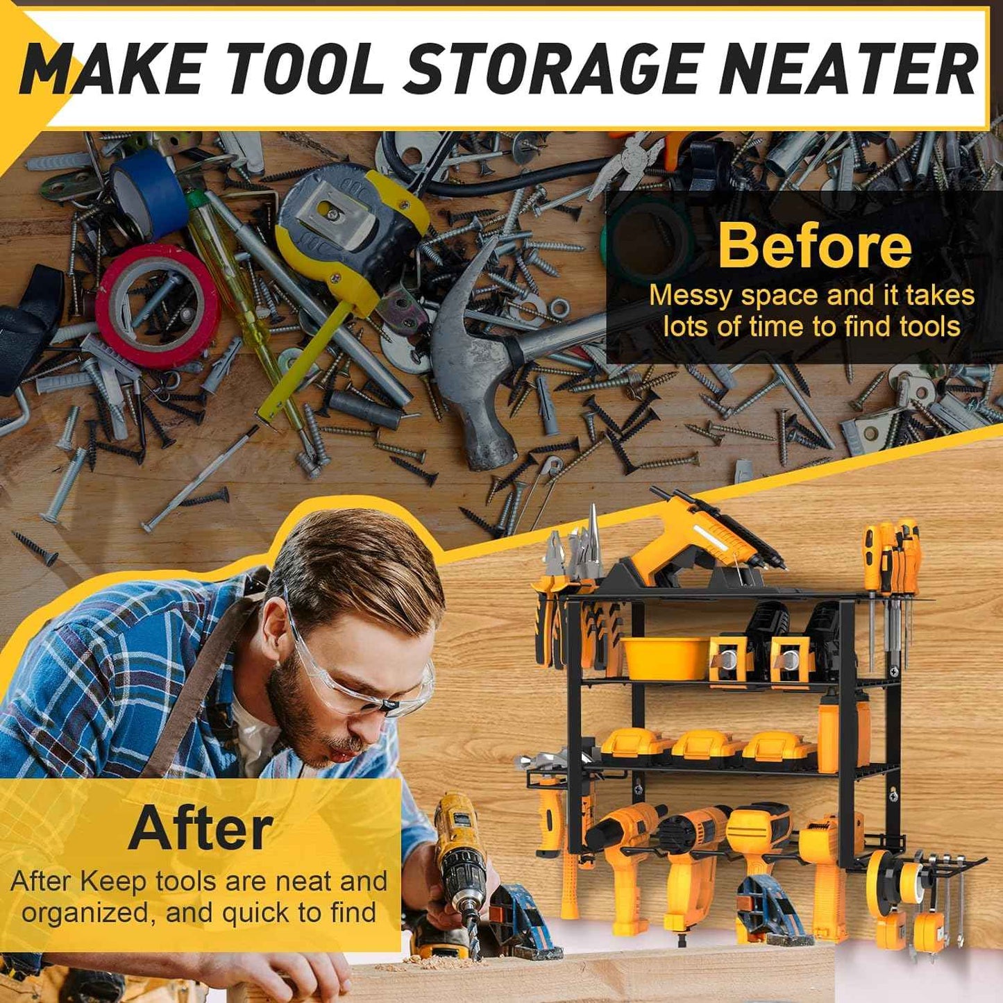 Heavy-Duty Wall-Mount Power Tool Organizer - 3 Extra Large Layers, 300lbs Capacity, 8 Cordless Drill Holders for Garage & Workshop