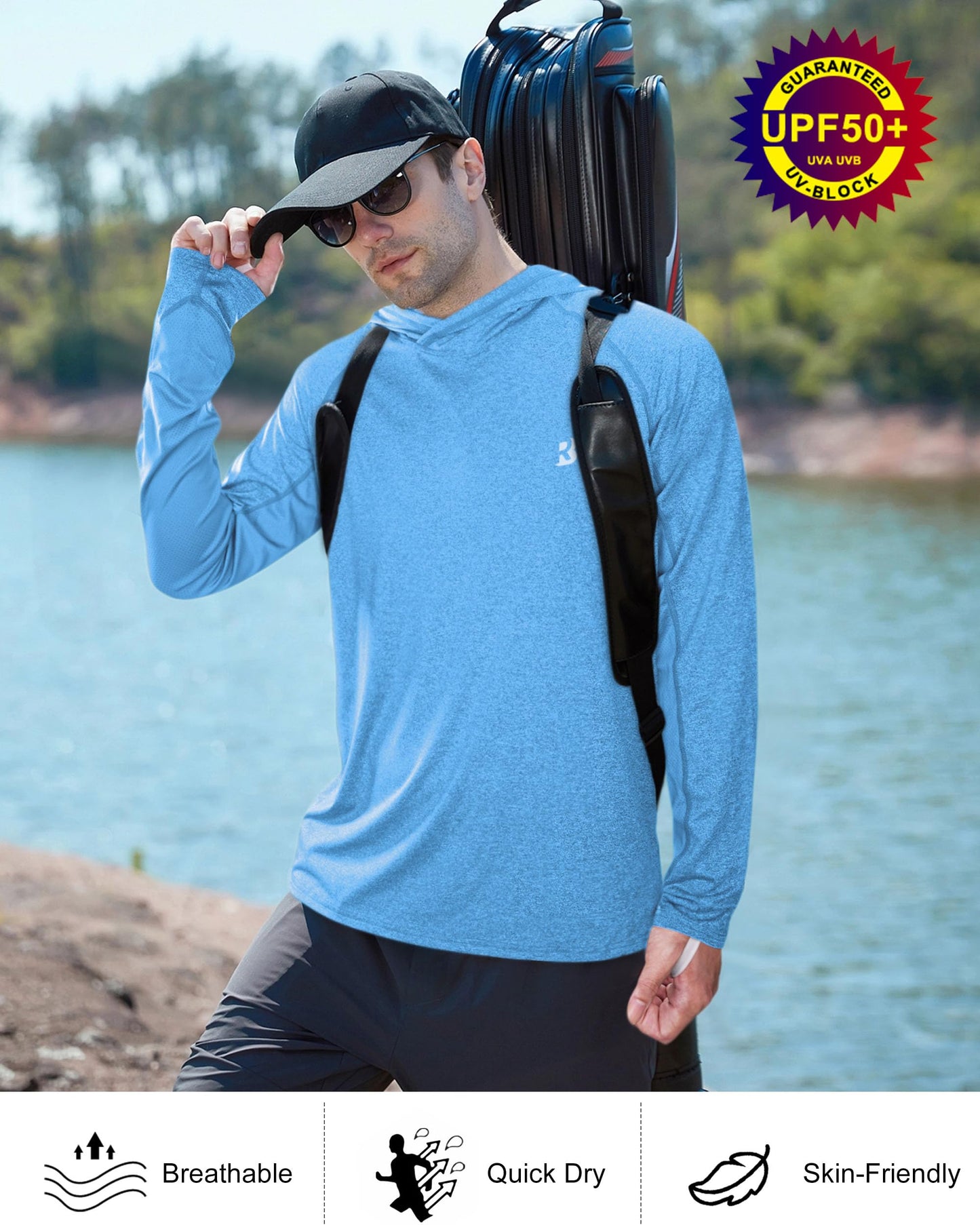 Long Sleeve Sun Shirts for Men - UPF 50+ UV Protection Hoodie Shirt for Fishing Swim Rash Guard Beach Running Workout