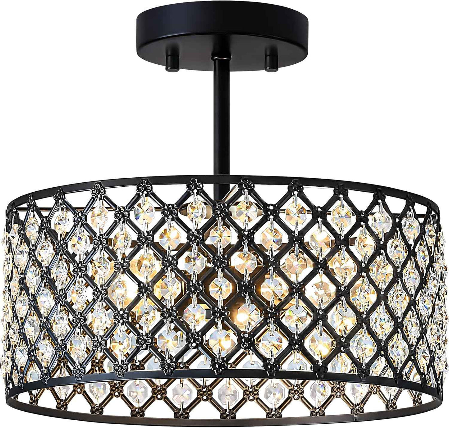 Modern Black Crystal Semi Flush Mount Ceiling Light Fixture - 11.2" Round Chandelier for Dining Room, Hallway, Kitchen & Bedroom