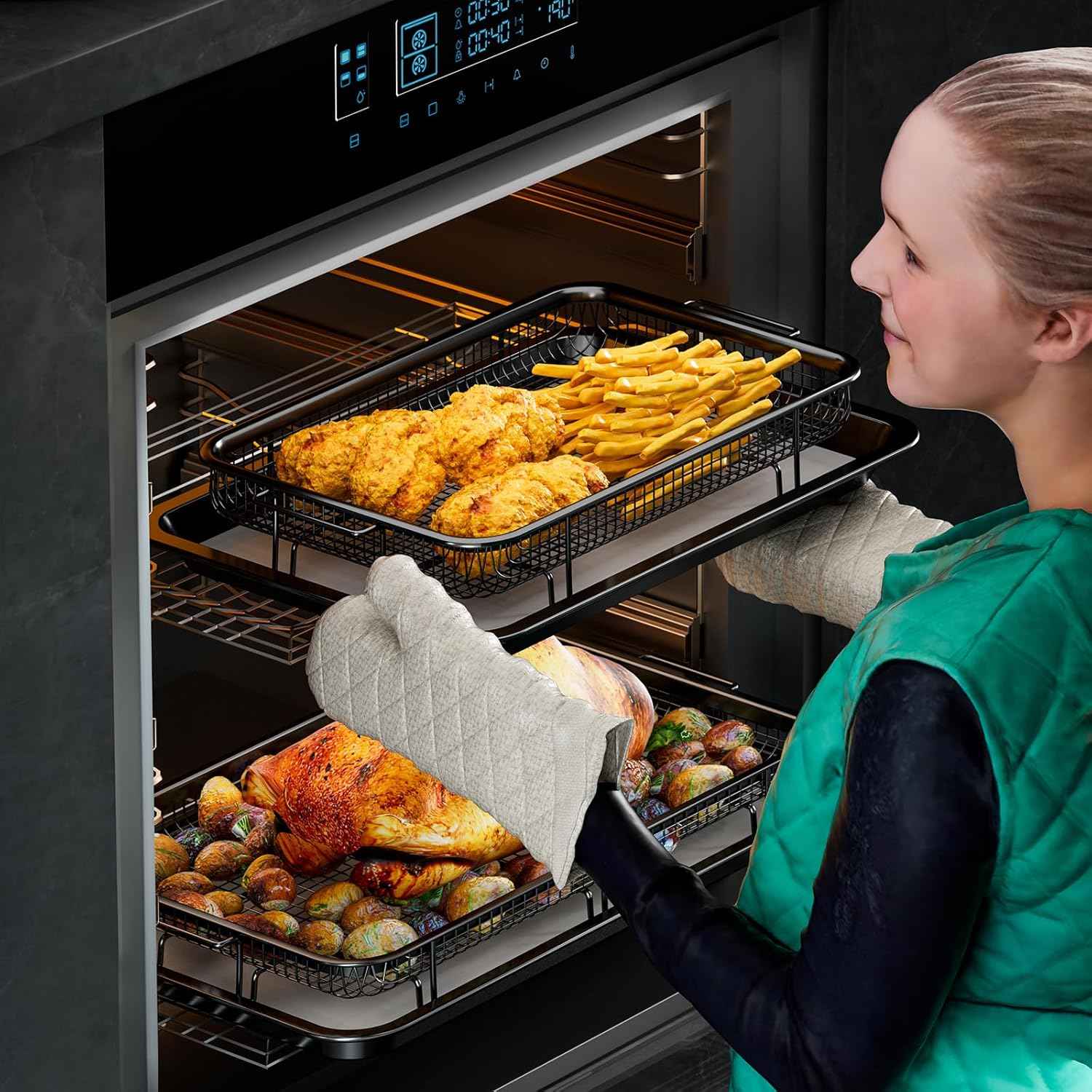 Air Fryer Basket Set with Parchment Papers - Non-Stick Stainless Steel Trays (2 Sizes)