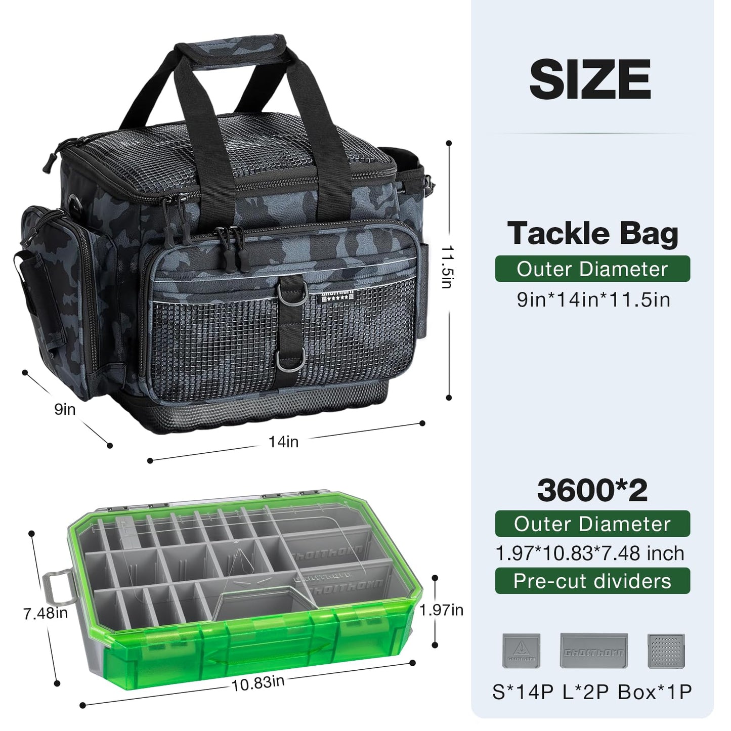 Ghosthorn Fishing Tackle Bag 3600 and 3700 Tackle Trays Lure Box Waterproof Tackle Box Organizer Removable Dividers for Lures Storage