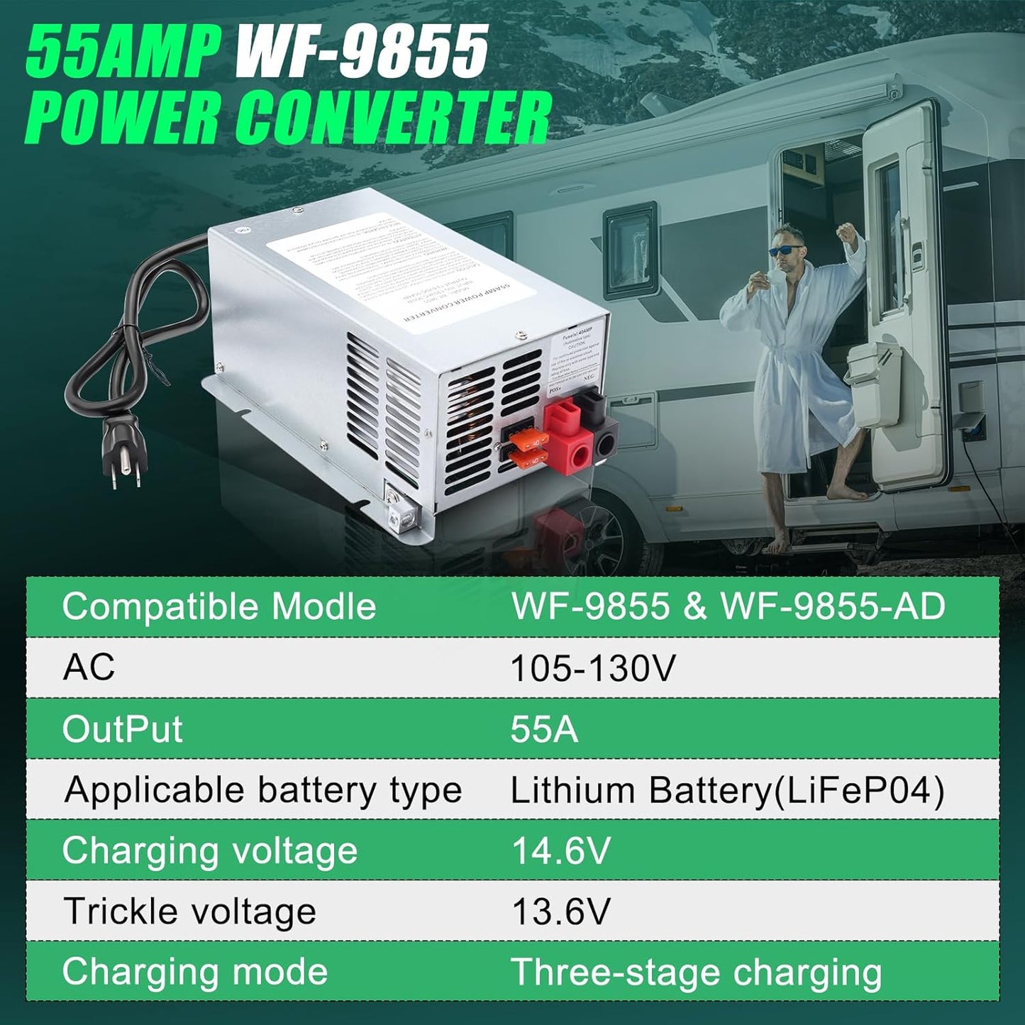 WF-9855 55 Amp RV Power Converter Replacement Camper Deck Mount Charger for Lithium Battery Compatible with WF-9855-AD WF-9855-LIS & Other WF-9800 Series RV Trailer Camper Power Converter Charger