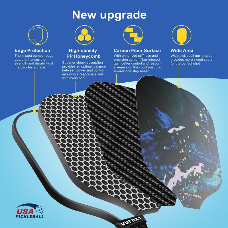 Pickleball Paddles Set of 2, USAPA Approved 99.99% Carbon Fiber Surface Pickleball Sets PP Honeycomb Core Pickleball Rackets, Lightweight Paddles with 4 Balls 1 Bag for Beginners Medium (Blue Waves)