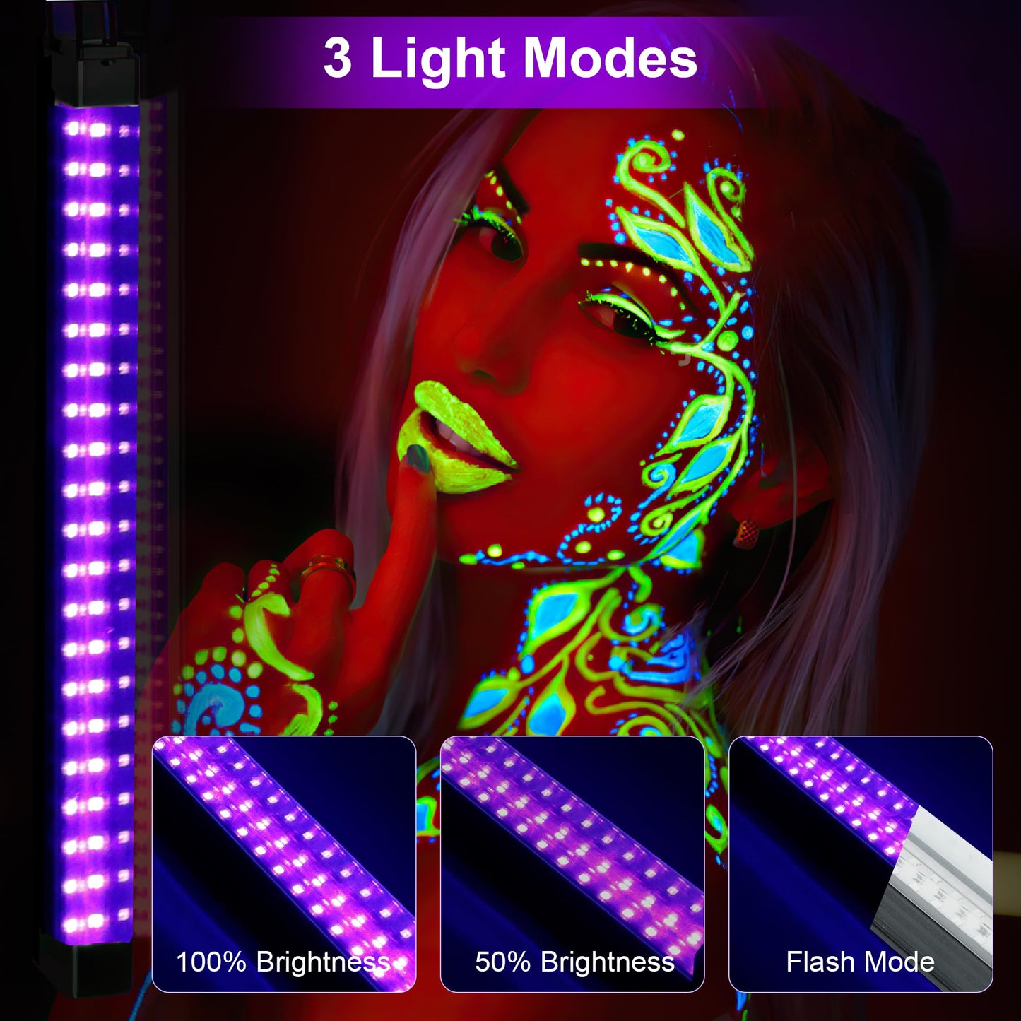 2 Pack Rechargeable LED Black Light Bar, 10W Battery Operated Black Lights, Cordless Black Light Strip, Portable Blacklight for Bedroom Tapestry Poster Glow Party