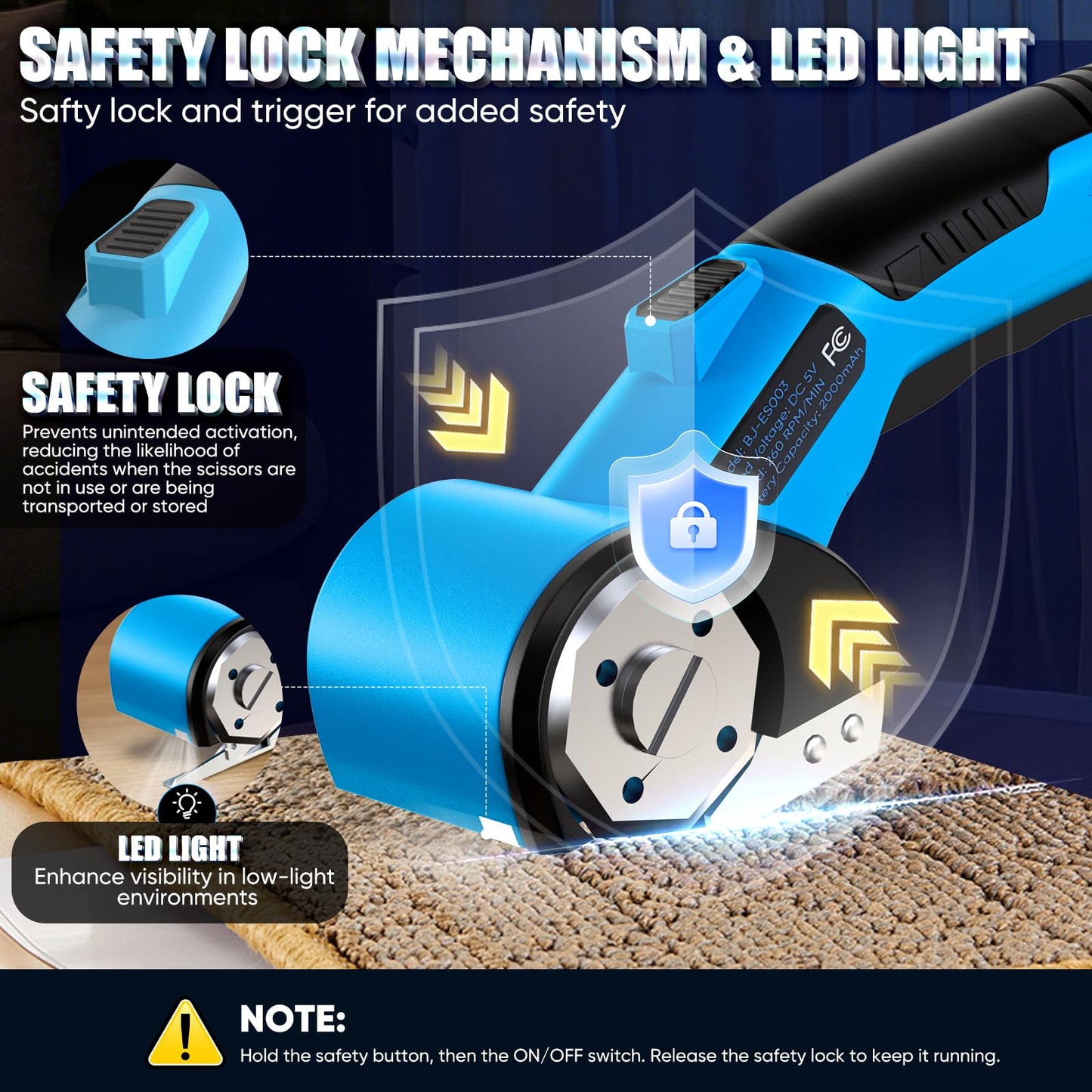 Cordless Electric Scissors, 5V Rechargeable Cardboard Box Cutter Heavy Duty Rotary Tool with Safety Lock & LED Light for Cardboard, Fabric, Box (Blue)