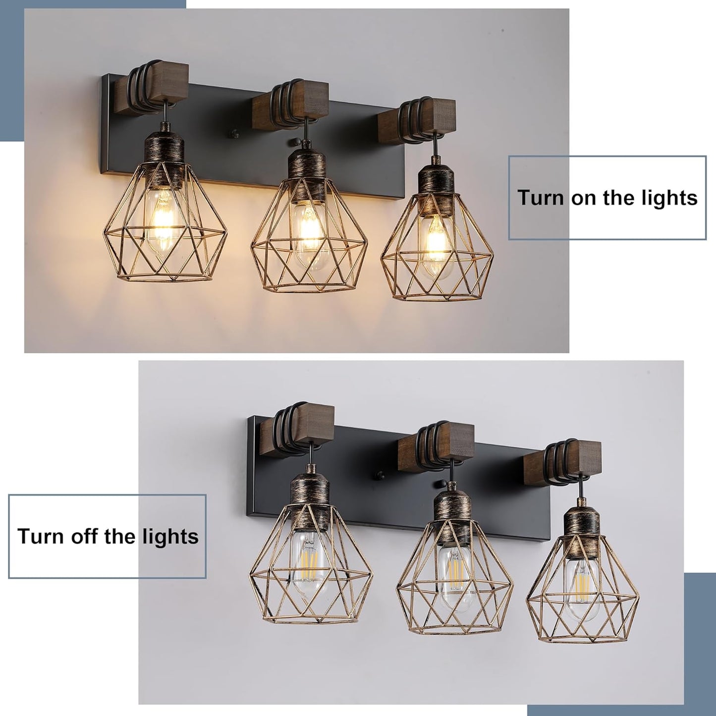Farmhouse 3-Light Bathroom Vanity Light Fixture - Rustic White Wood Sconces for Mirror