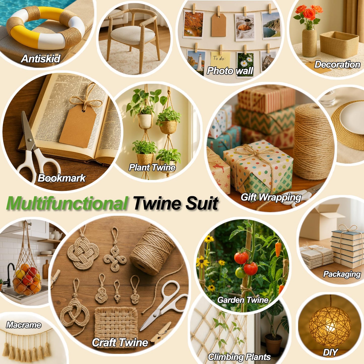 5 Pack Natural Twine String Suit : 2mm 1200 Feet Jute Twine Twisted from 3 Ply - String for Crafts Gardening Gift Wrapping Home Decor Knitting - Suitable for Handicraft and Gardening Enthusiasts