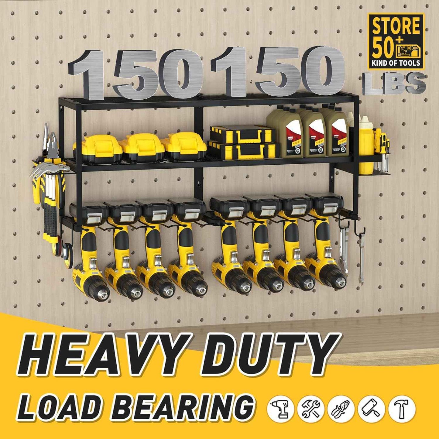Heavy-Duty Wall-Mount Power Tool Organizer - 3 Extra Large Layers, 300lbs Capacity, 8 Cordless Drill Holders for Garage & Workshop