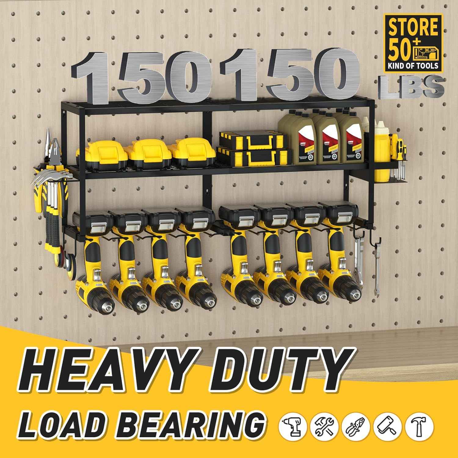 Heavy-Duty Wall-Mount Power Tool Organizer - 3 Extra Large Layers, 300lbs Capacity, 8 Cordless Drill Holders for Garage & Workshop