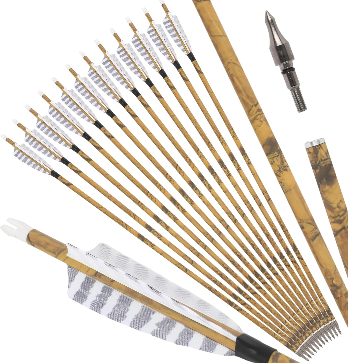ZSHJGJR Carbon Hunting Arrows - 30” with 4” Turkey Feathers & Removable Tips | 500 Spine for All Bows (6/12 Pcs)