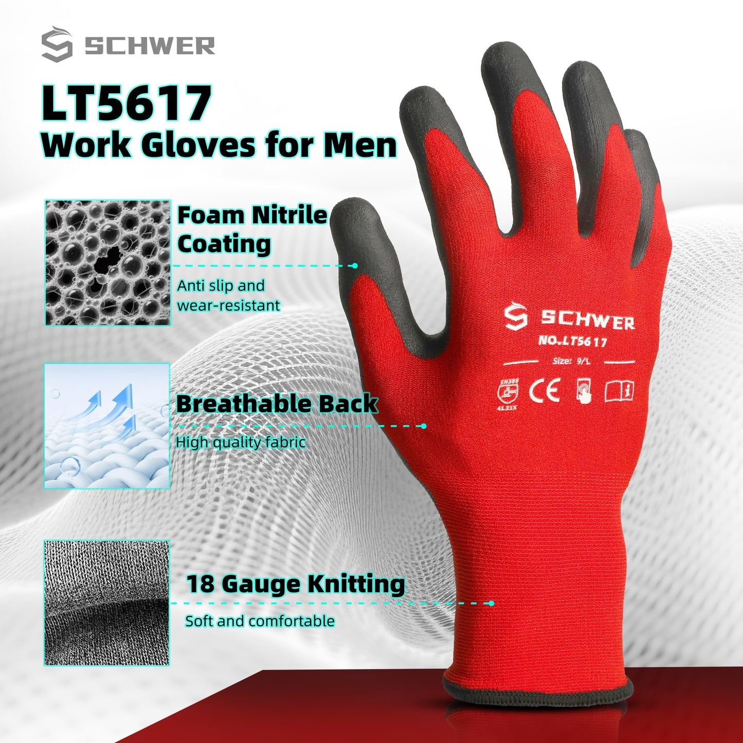 Schwer Ultra-Comfort Safety Work Gloves MicroFoam Nitrile Coated, Seamless Knit Nylon Glove for Men and Women, 6/12 Pairs, Abrasion Resistant, Non Slip, Breathable, LT5617, L