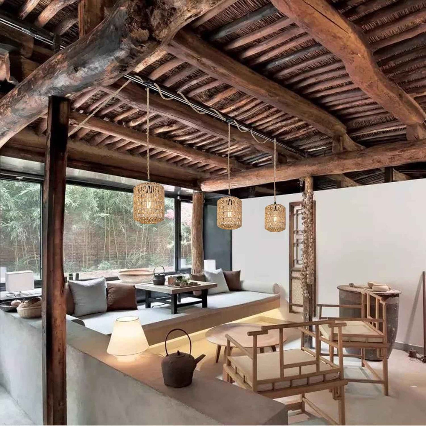 Boho Rattan Pendant Light with 3 Bulbs & 22ft Cord - Woven Hanging Chandelier for Bedroom, Kitchen, Hallway