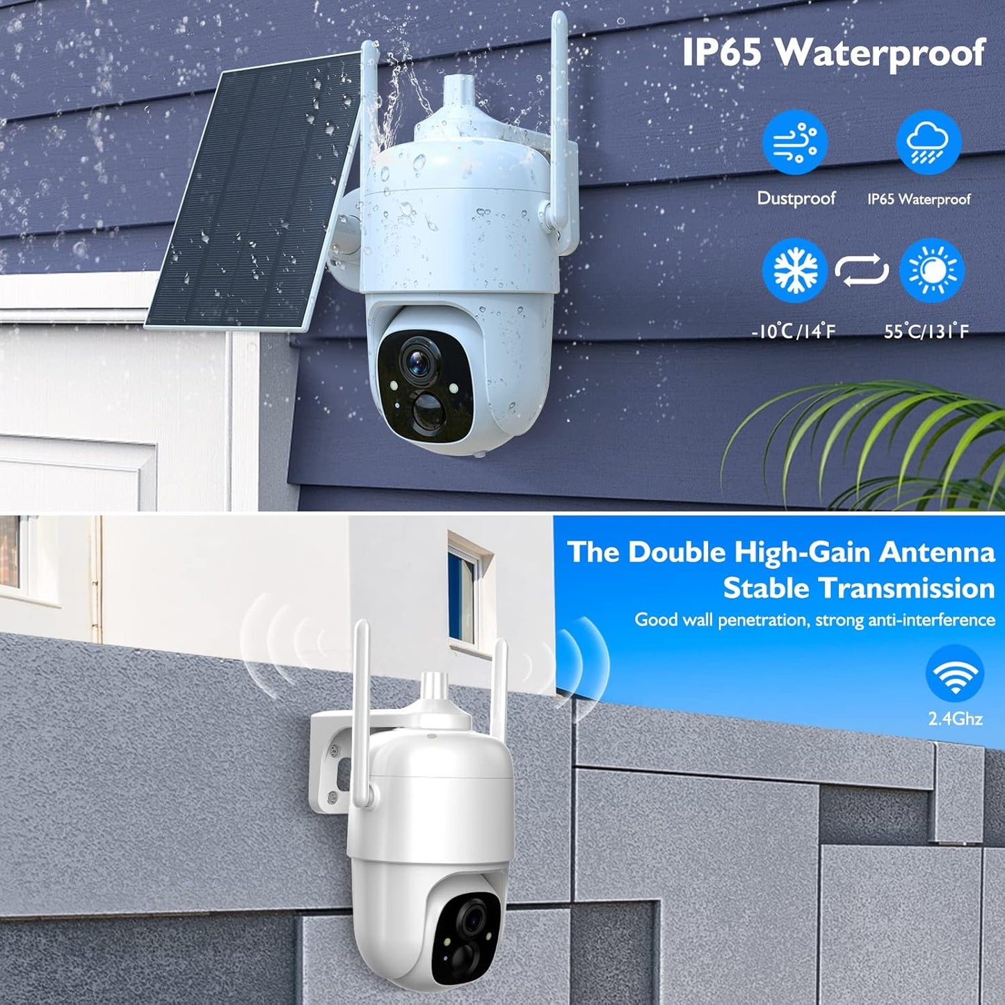 Wireless Solar Security Camera 2K 3MP PTZ - 355° View, Color Night Vision, IP65 Waterproof