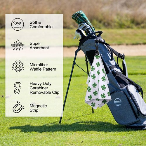 Aliennana Magnetic Golf Towel, Microfiber Waffle Design with Clip - Industrial Strength Magnet for Strong Hold to Golf Bags, Carts Clubs (Lucky Clover)