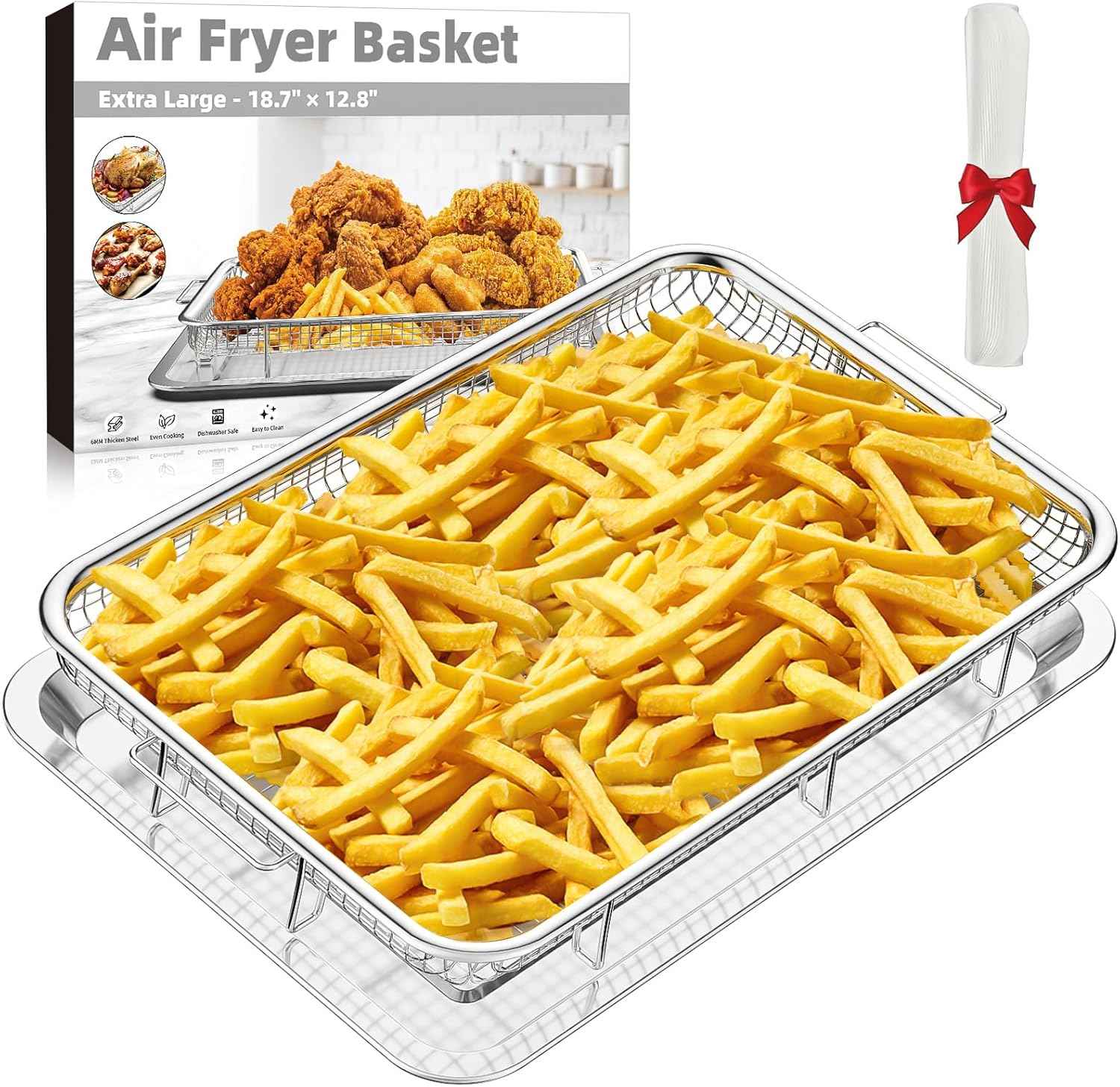 Air Fryer Basket Set with Parchment Papers - Non-Stick Stainless Steel Trays (2 Sizes)