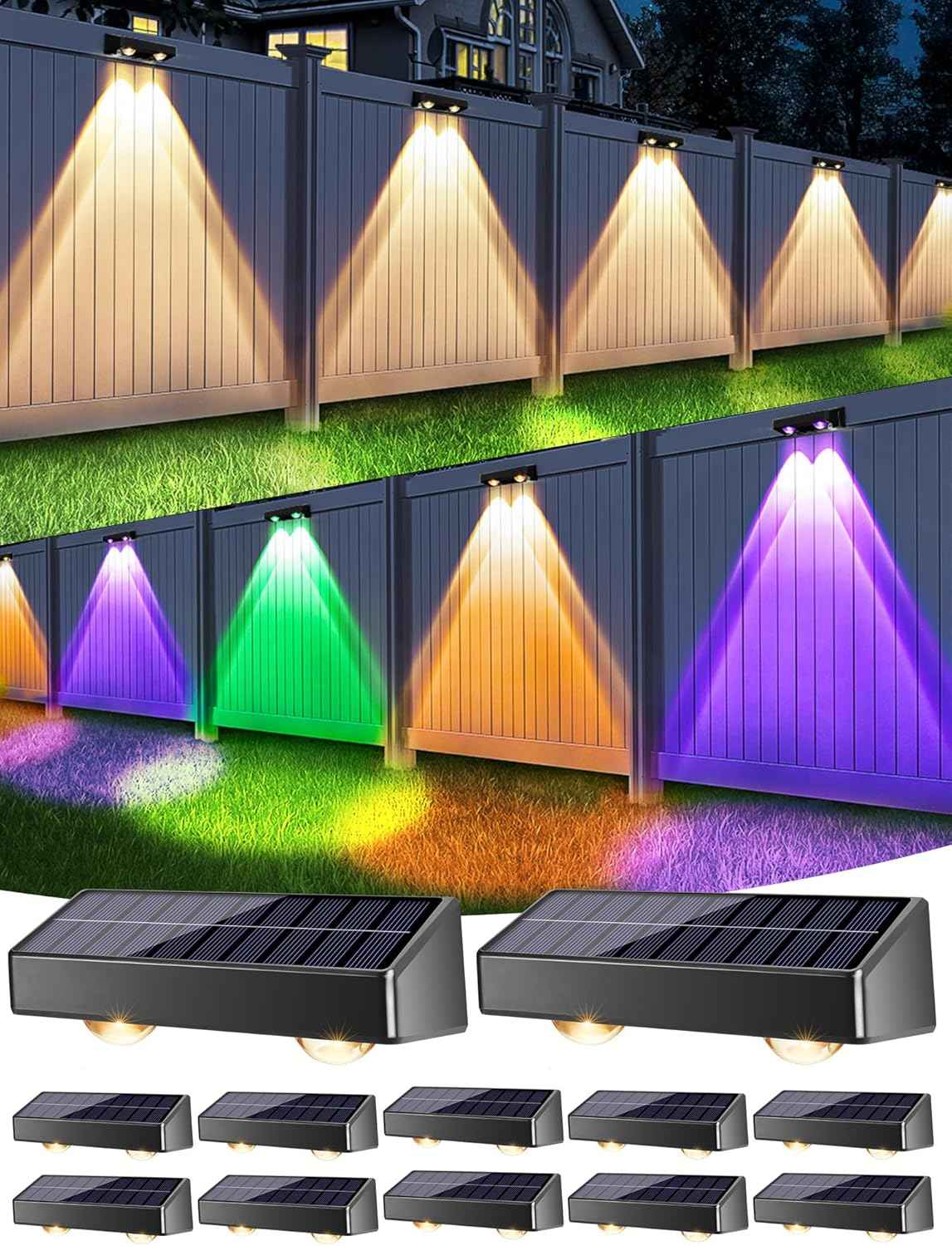 Brizled 12-Pack Solar Fence Lights – RGB & White Color-Changing Outdoor Wall Lights, IP65 Waterproof for Decks & Stairs