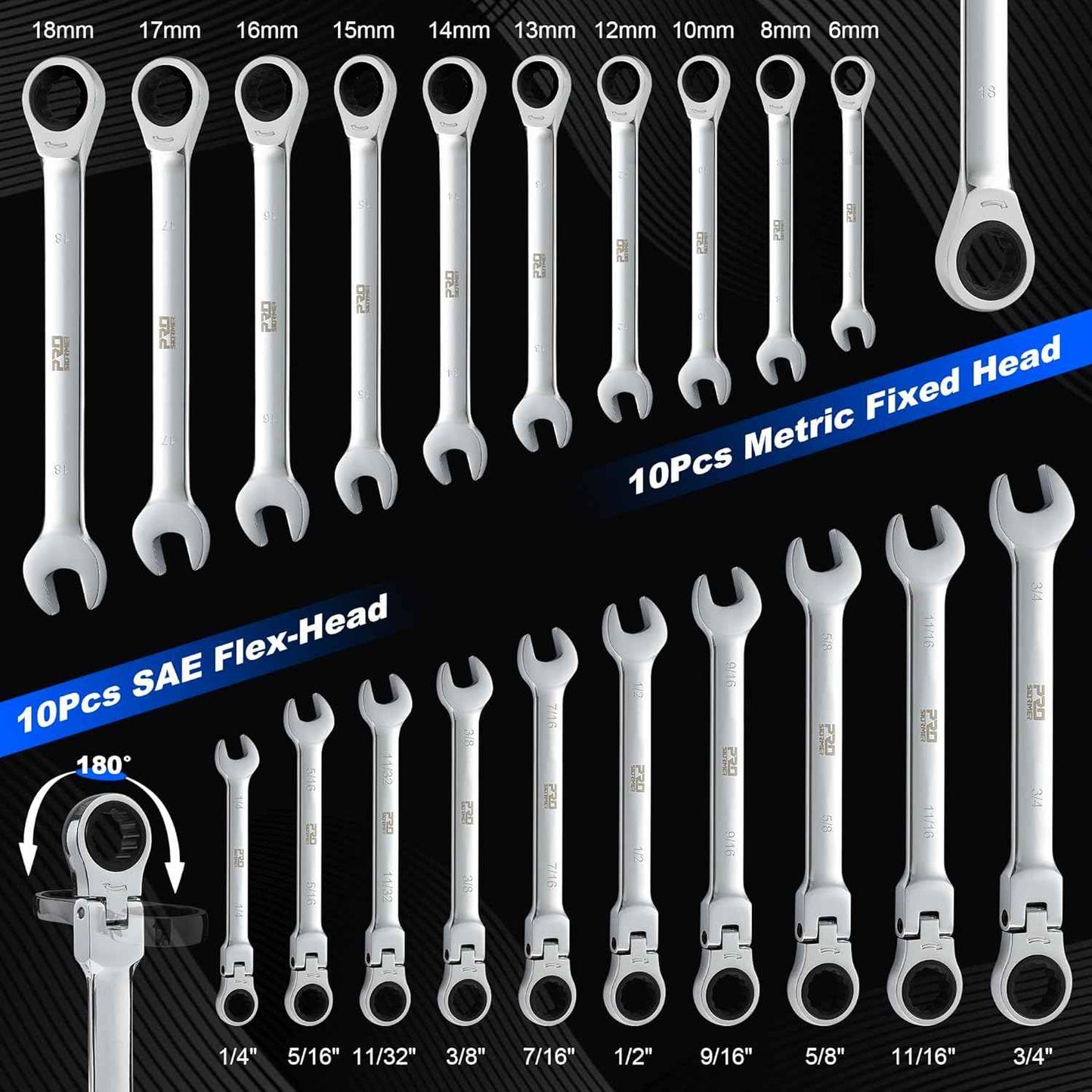 14-Piece Metric Ratcheting Wrench Set - Flex-Head, 72 Tooth, Cr-V Steel with Storage Case (6-19mm)