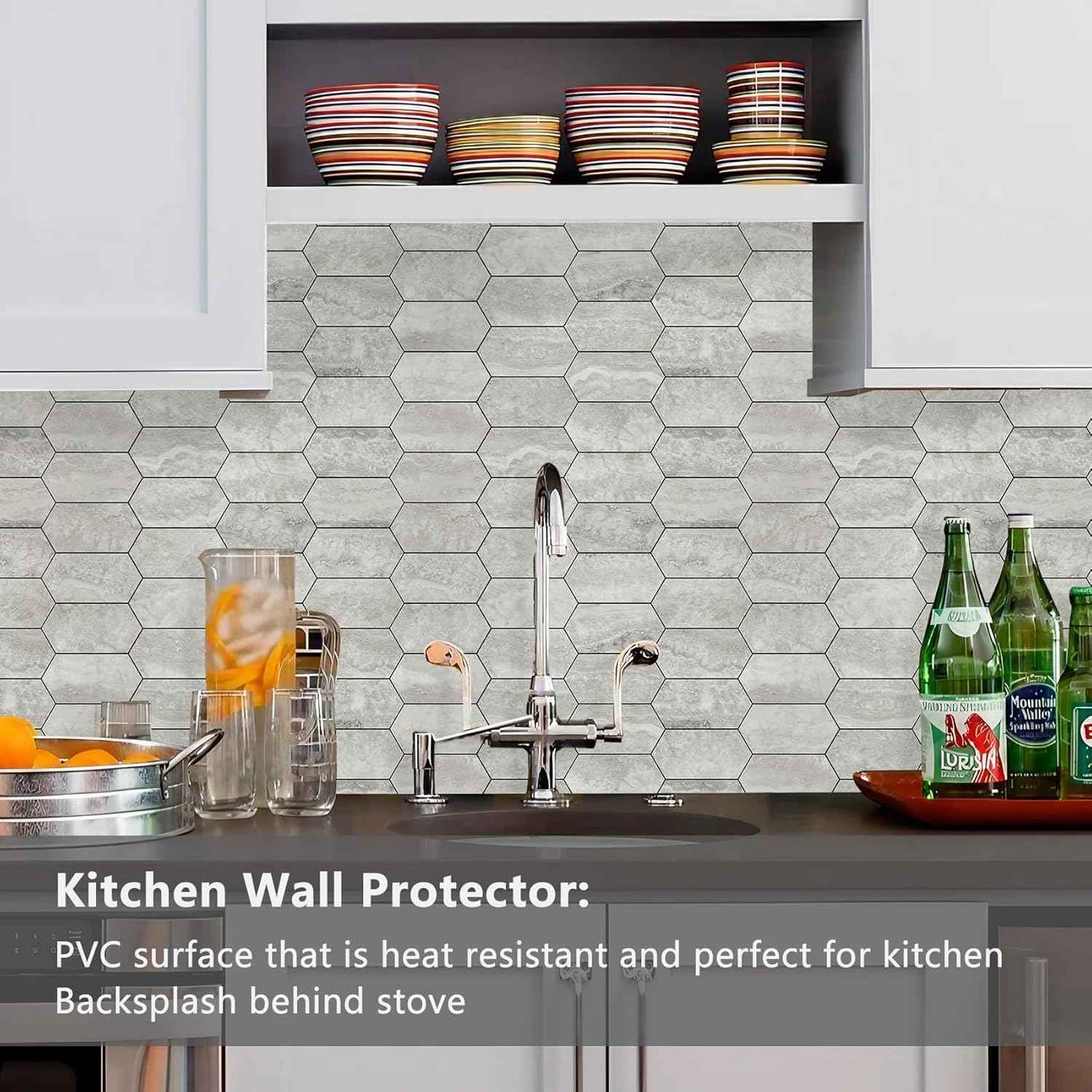 Glossy Wood Grain Peel and Stick Backsplash Tile - 10 Sheets Hexagon Mosaic for Kitchen & Bathroom, 12.4 x 12 Inch
