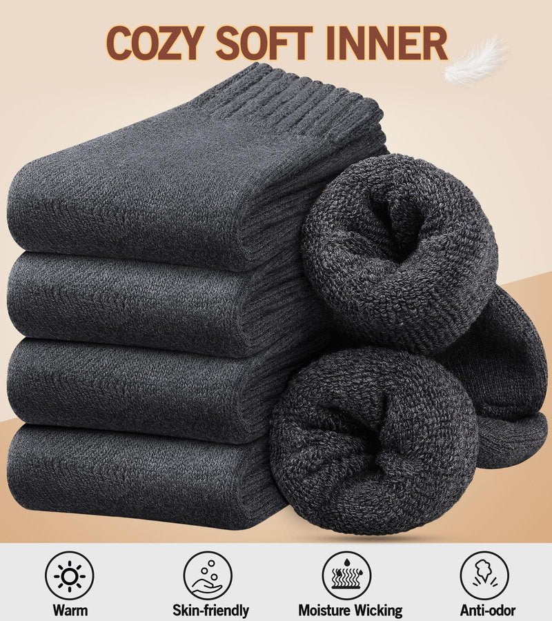 Yeblues 5 Pairs Merino Wool Socks Mens, Thick Warm Winter Socks, Hiking Socks Soft Casual Socks for Men (Black,6-13)