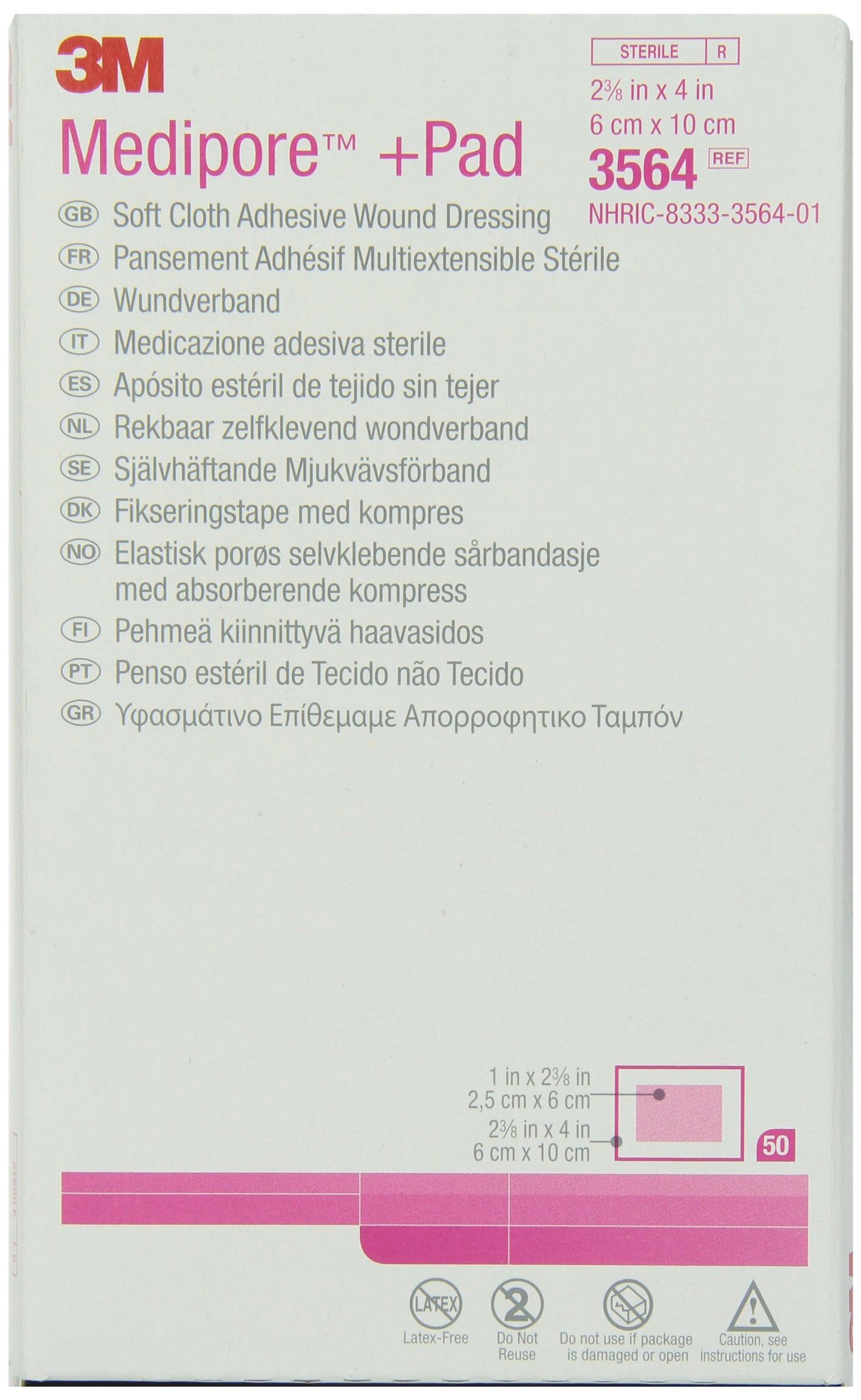 3M Medipore +Pad Soft Cloth Adhesive Wound Dressing 3564, 50 Pads