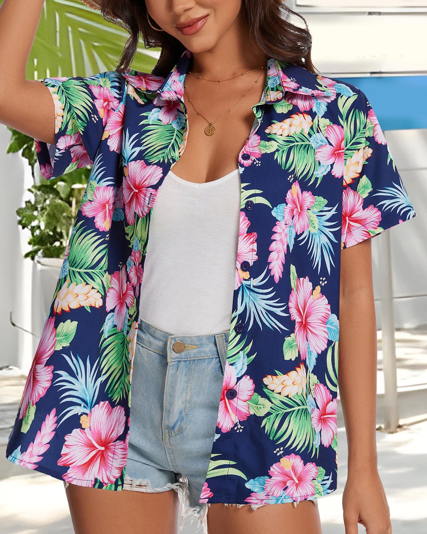 Women Hawaiian Shirt Button Down Summer Tops Beach Cool Short Sleeve V Neck Blouse(Pink Blue Floral,XL)