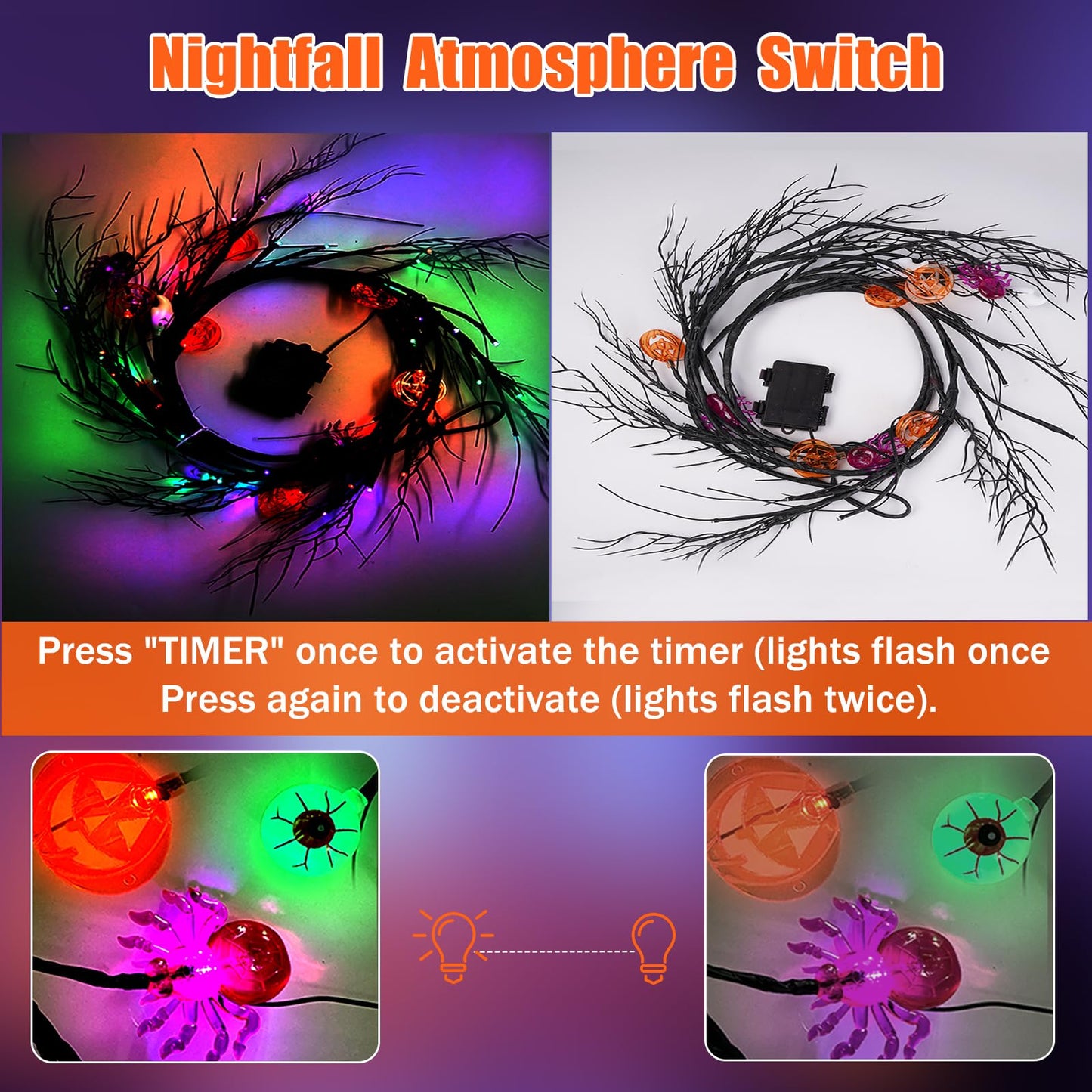 NPET 6 FT 54 LED Willow Twig Halloween Decorations Garland,Remote Control Pumpkin,Bats,Ghosts Eyeball Lights, 8 Modes Halloween Garland with Purple Green Orange Lights Indoor Mantle House Decor