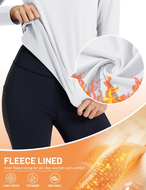TACVASEN Mock Neck Tops for Women Fleece Lined Thermal Shirt Long Sleeve Workout Running Base Layer Casual Cold Weather Gear White,M