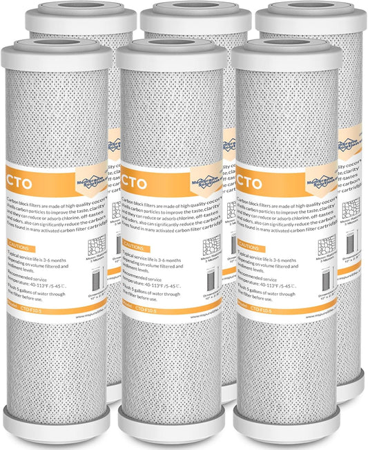 5 Micron CTO Carbon Block Water Filter Cartridge Replacement - 2.5" x 10" for Whole House Systems, 6-Pack