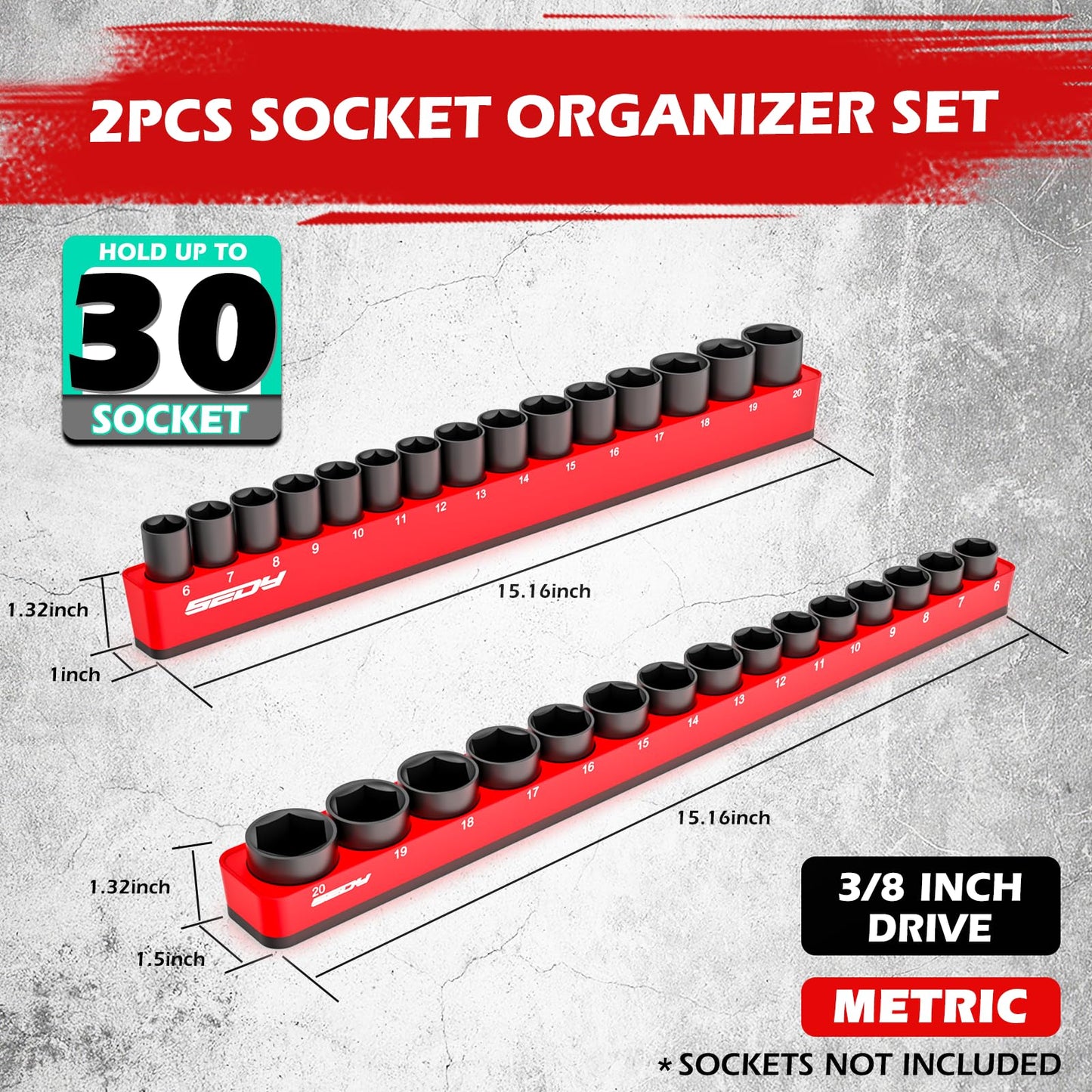2-Piece 3/8"-Drive Metric Magnetic Socket Organizer Set (Holds 30 Sockets) - Detachable Tool Tray with 5mm Magnetic Base, Screw-Fixed Design & Heavy-Duty Modular Storage for Garage/Home Workshop