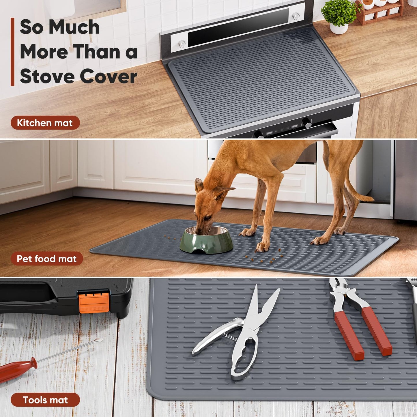 IKANFI Stove Top Cover for Electric Stove, Dish Drying Mat for Kitchen, Glass Cooktop Protector, Heat Resistant Waterproof Foldable Anti-Slip Silicone Mat (Gray, 30''L x 21''W)