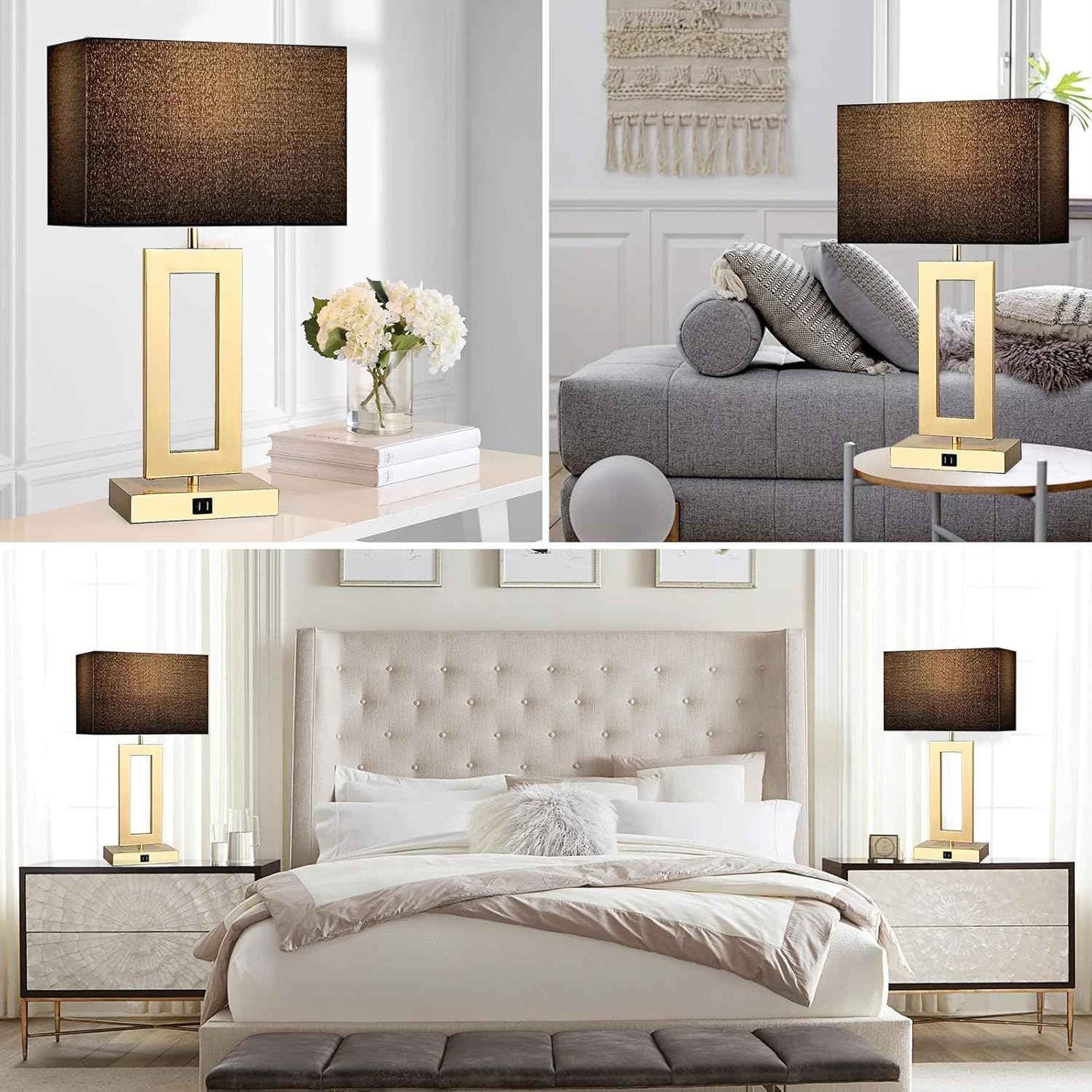 Gold Table Lamps Set of 2 - 3-Way Dimmable Touch Control with USB Ports, 22” Modern Design for Bedroom & Living Room