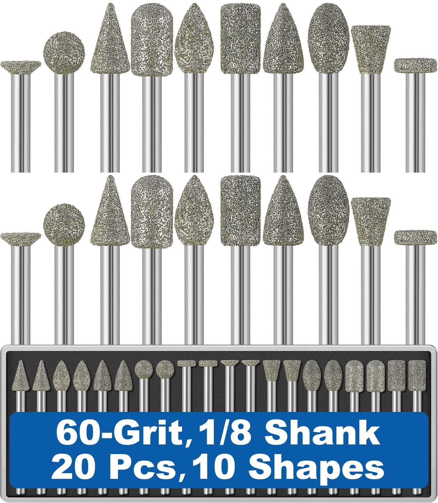 20Pcs 60-Grit Diamond Grinder Bit 1/8" Shank Compatible with Dremel Rotary Tool Attachment Accessories Grinding Burrs for Stone Glass Resin Porcelain Ceramic Quartz Glaze Steel Carve Engrave Polish