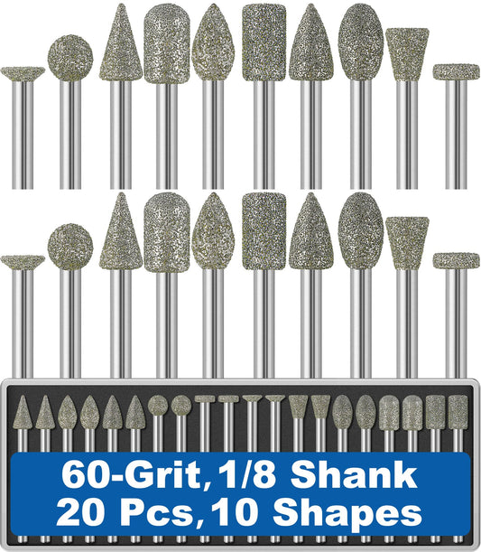 20Pcs 60-Grit Diamond Grinder Bit 1/8" Shank Compatible with Dremel Rotary Tool Attachment Accessories Grinding Burrs for Stone Glass Resin Porcelain Ceramic Quartz Glaze Steel Carve Engrave Polish