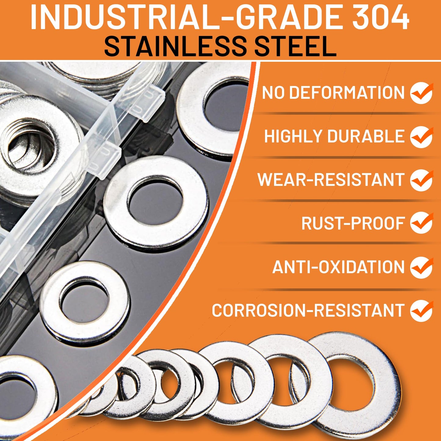 Stainless Steel Flat Washers Assortment Kit, SAE 304, 300-Piece Metal Screw Washers Set for Bolts, 8 Sizes #6; #10; #12; 1/4"; 5/16"; 3/8"; 1/2"