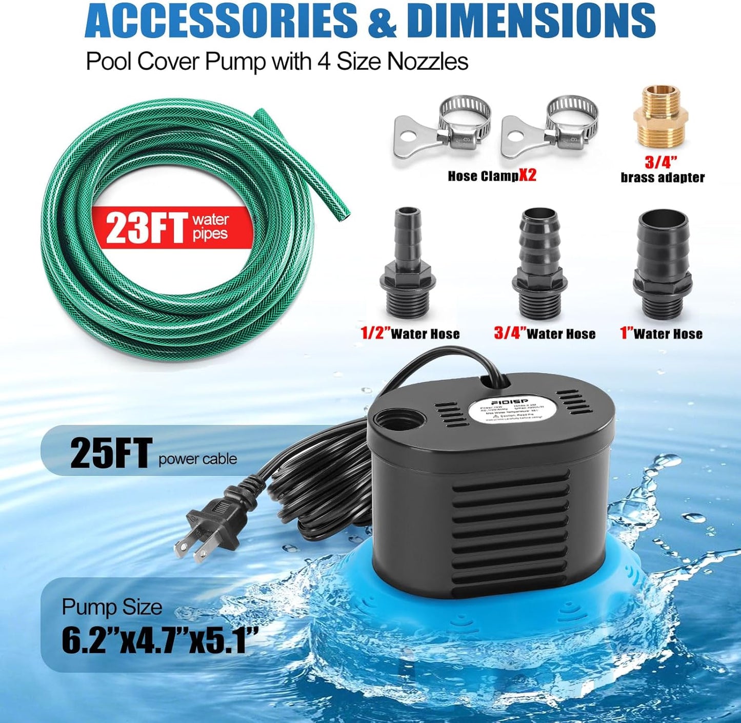 850 GPH Pool Cover Pump with 4 Hose Adapters & 23 FT Drain Hose - Ideal for Above Ground Pools, Ponds & Tubs