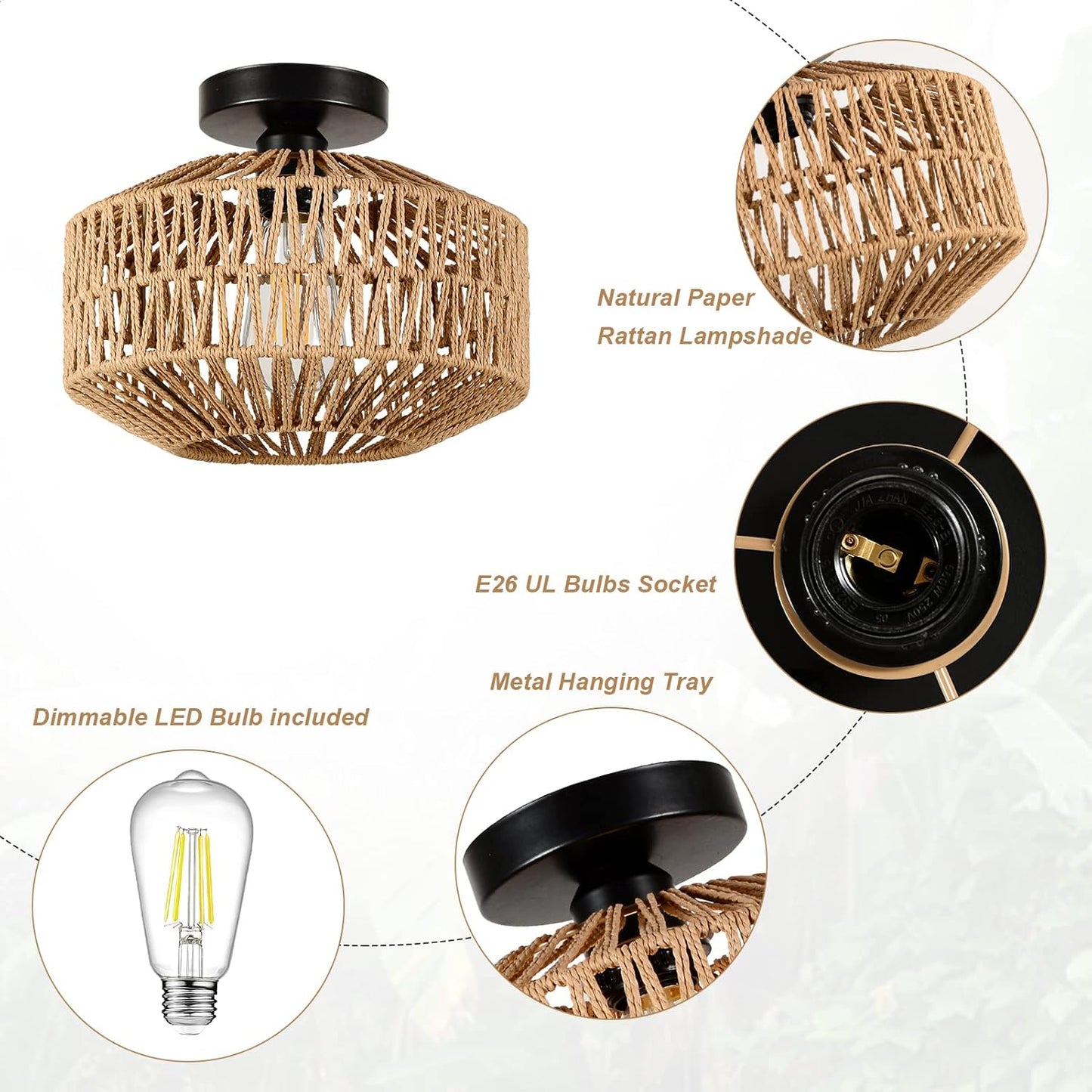Boho Rattan Chandelier Ceiling Light Fixture with Dimmable LED Bulb - Hand Woven Flush Mount for Hallway, Bedroom, Kitchen & Living Room
