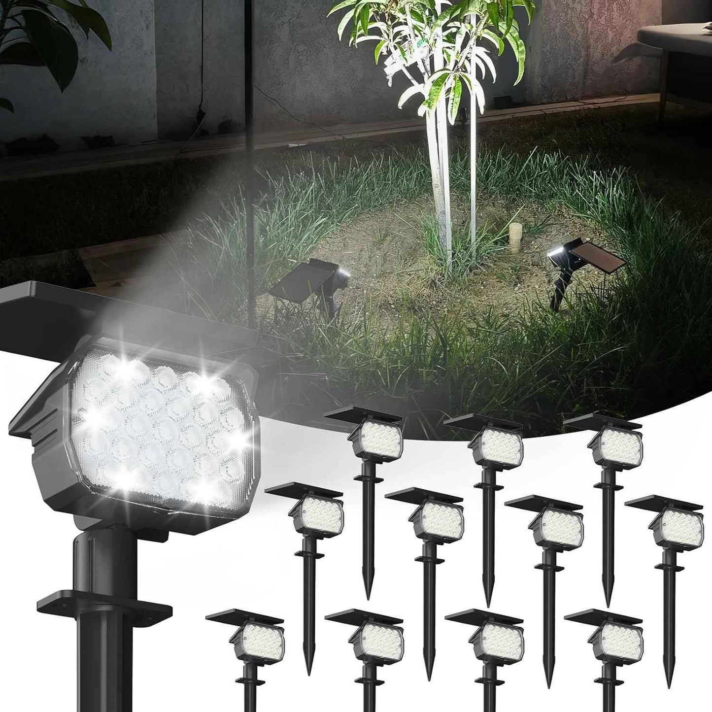 VOLISUN 8-Pack Solar Landscape Spotlights - IP67 Waterproof Uplights for Garden & Pathway, 27 LED Warm White, 3 Lighting Modes