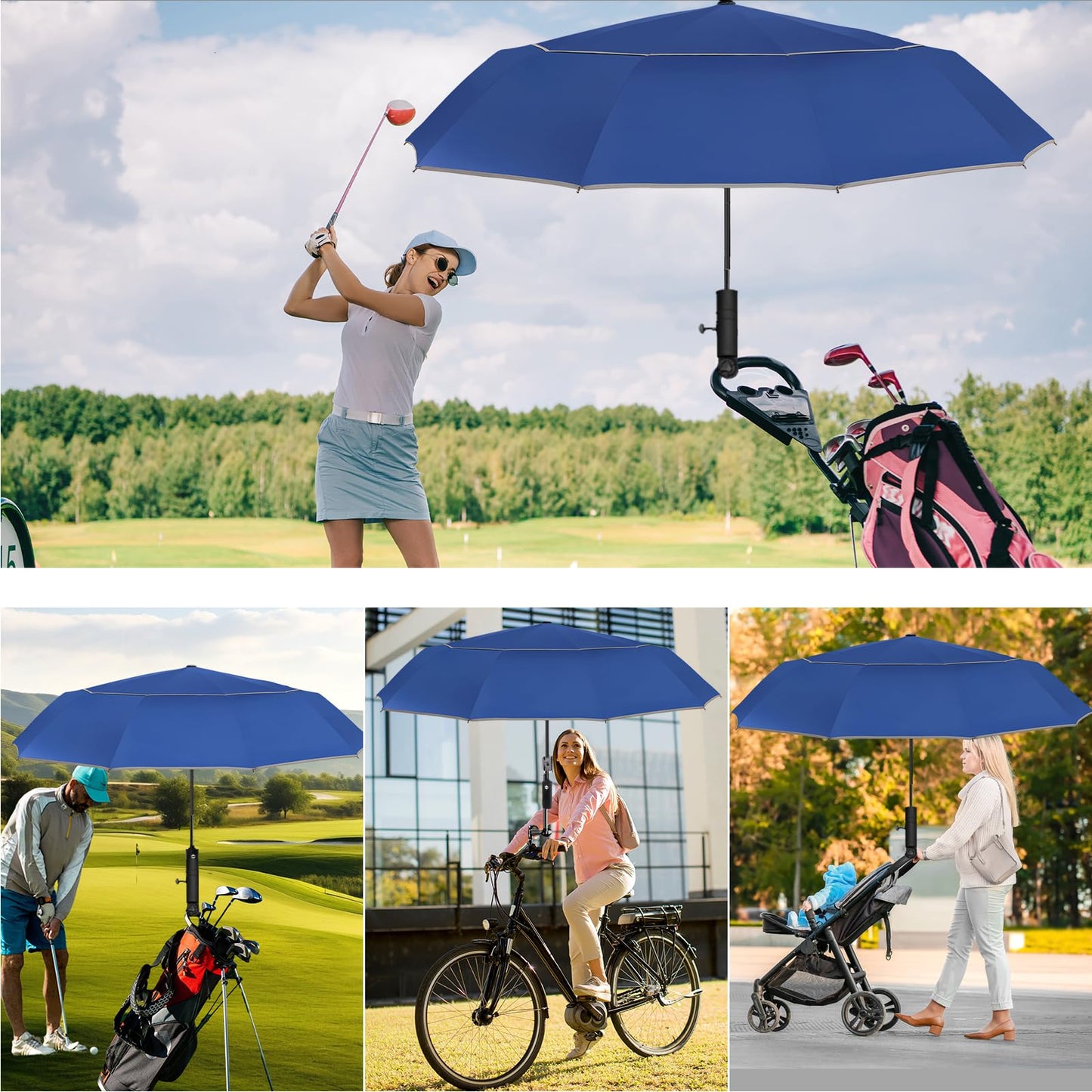 Satol 62 Inch Large Portable Golf Umbrella with Reflective Stripe, Windproof 10 Ribs Vented Double Canopy Oversize Compact Rain Umbrellas for Travel, Waterproof UV Protection Umbrella Auto Open/Close