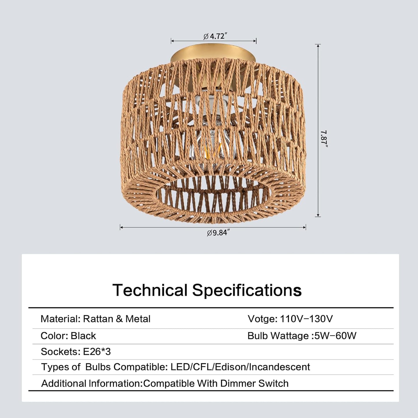 Bohemian Rattan Ceiling Light Fixture - 3-Light Woven Flush Mount for Bedroom & Living Room