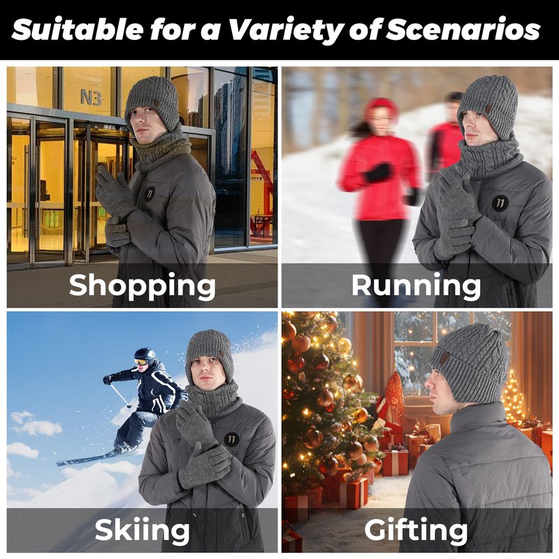 Men Beanie Hat Scarf Touchscreen Gloves Set Winter Warm Knit Fleece Lined Thick Thermal Neck Warmer Dark Grey Cap with Earflap for Cold Weather Outdoor