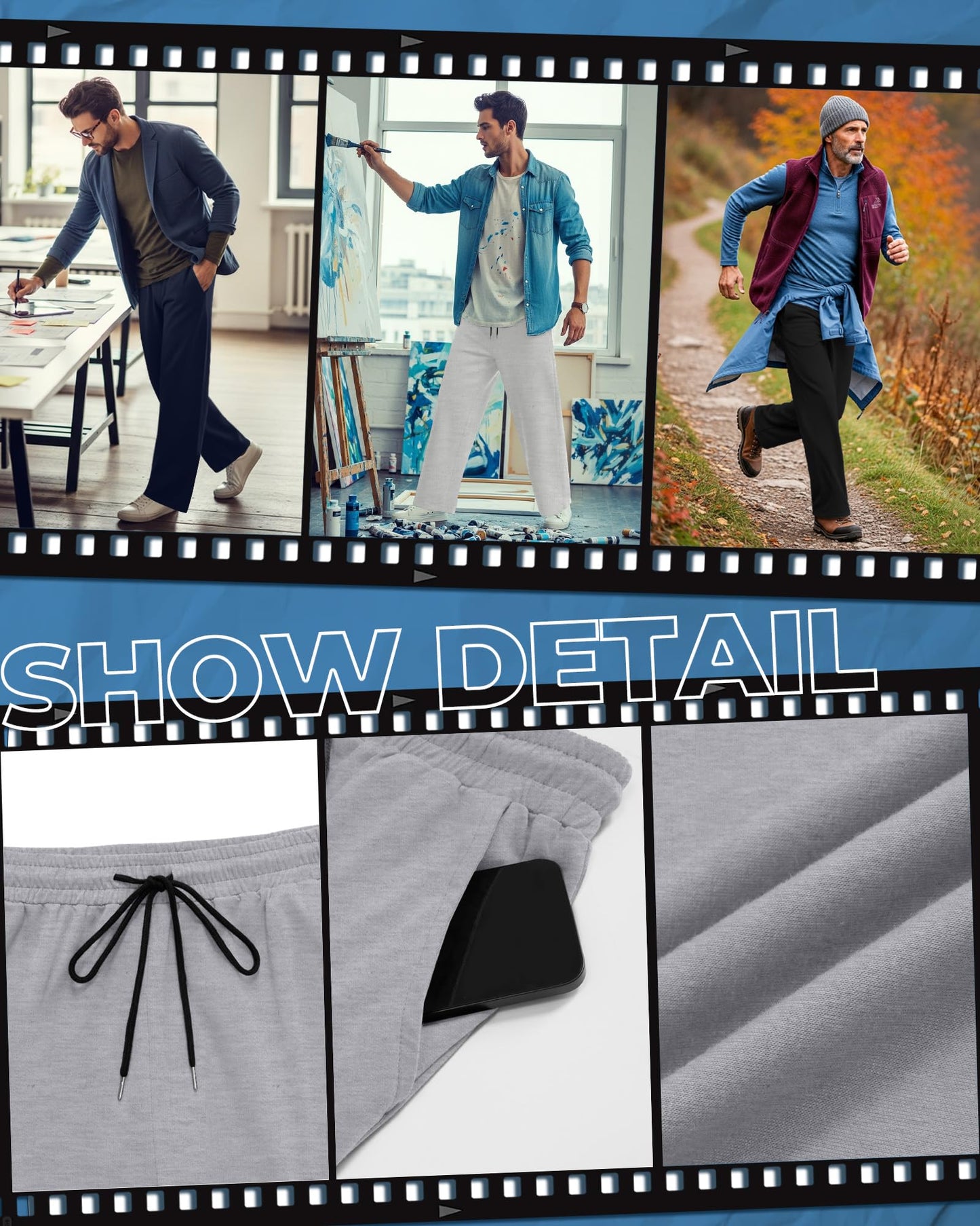August Alley 4 Pack Men's Sweatpants Open Bottom with Pockets Drawstring Athletic Lounge Joggers Baggy Workout Pants(Black, Navy Blue, Twilight Gray, Heather White,Medium)
