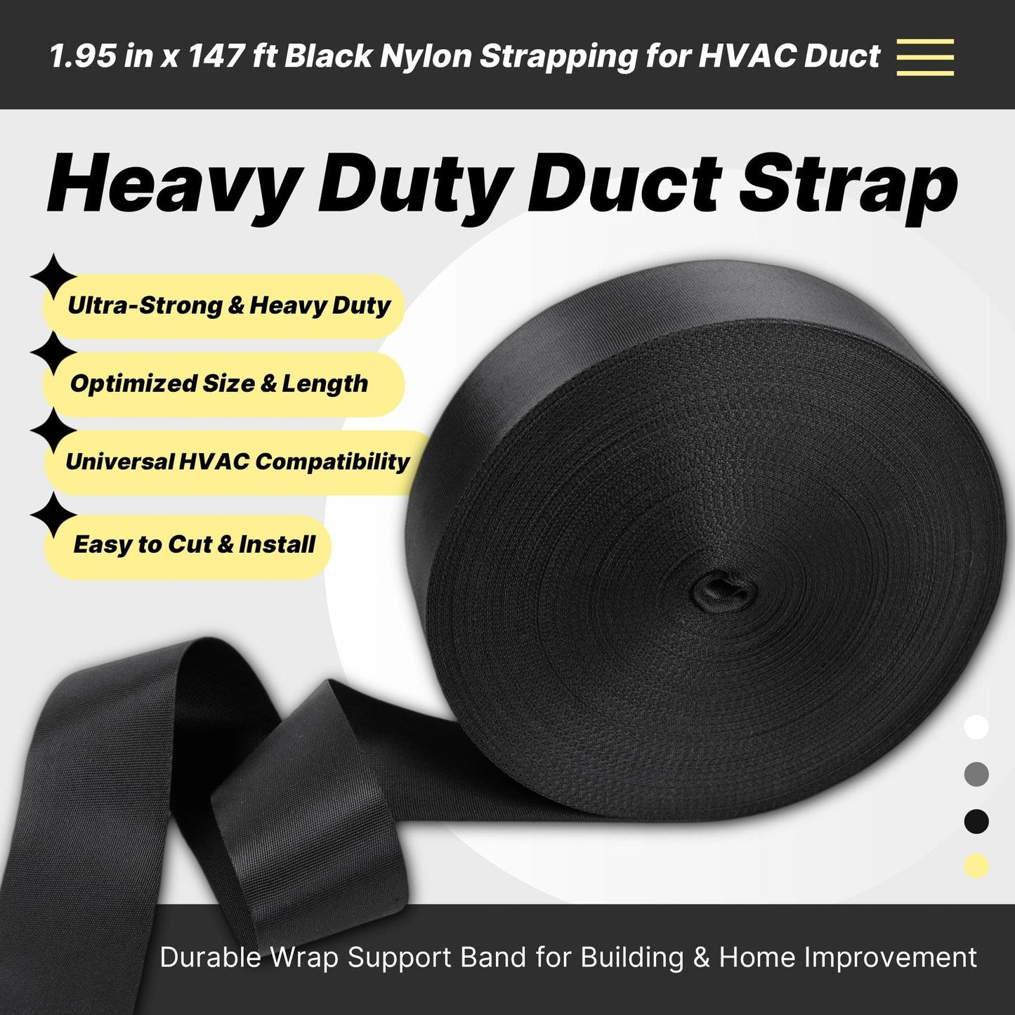 Yudylg Heavy Duty Duct Strap – 1.95 in x 147 ft Black Nylon Strapping for HVAC Duct, Durable Wrap Support Band for Building & Home Improvement