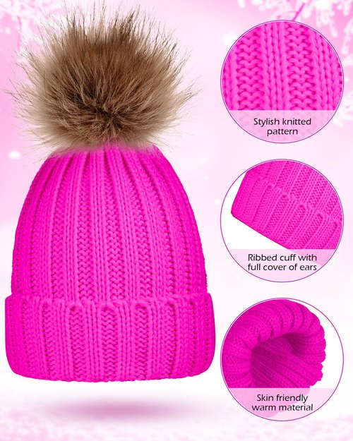 4 Pcs Winter Beanie Hat Gloves Set Pom Knit Unisex Warm Fleece Lined Hat Touchscreen Gloves for Women Men Couples Friends(White and Pink)