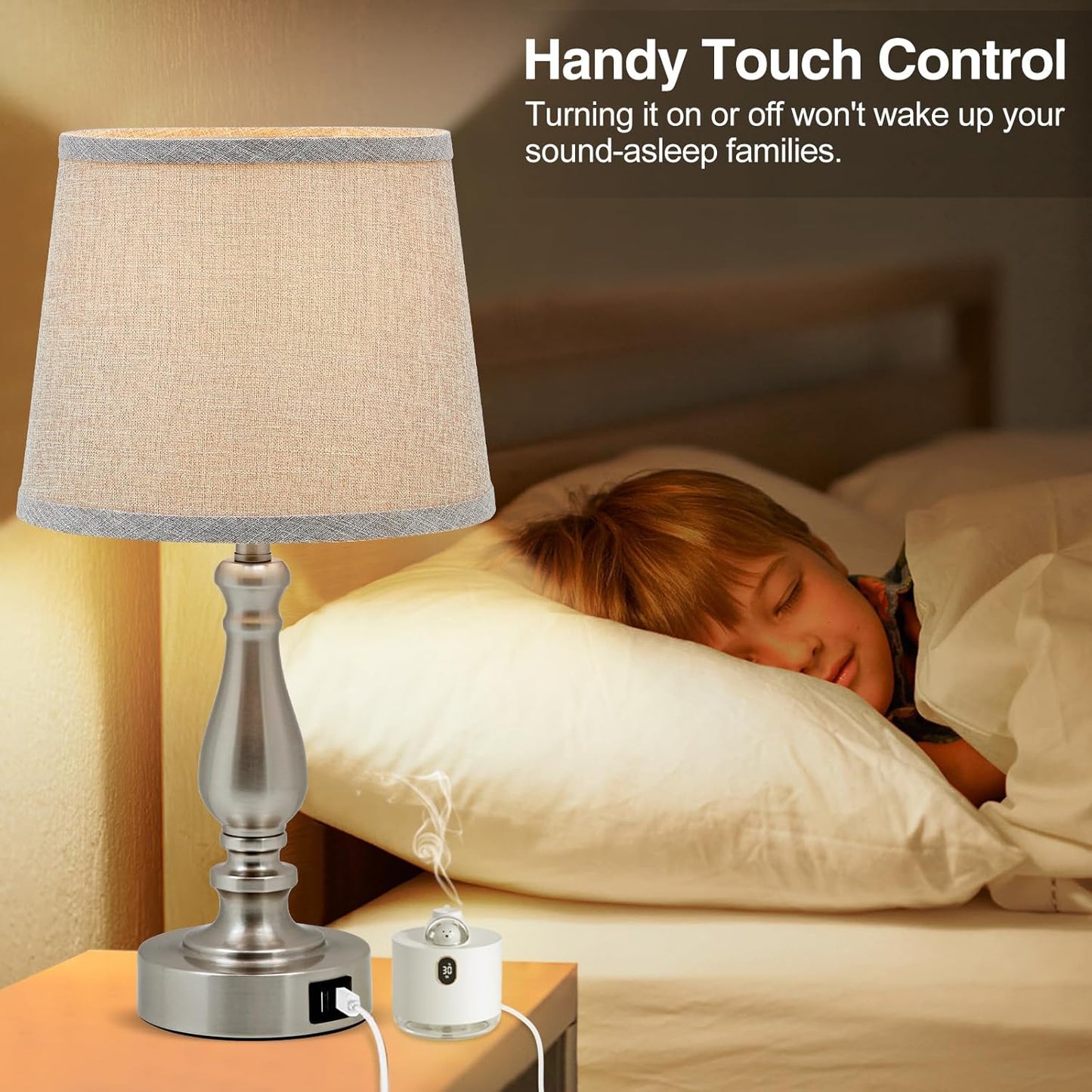 Touch Bedside Table Lamps Set of 2 with USB C+A Ports - 3-Way Dimmable Linen Shade