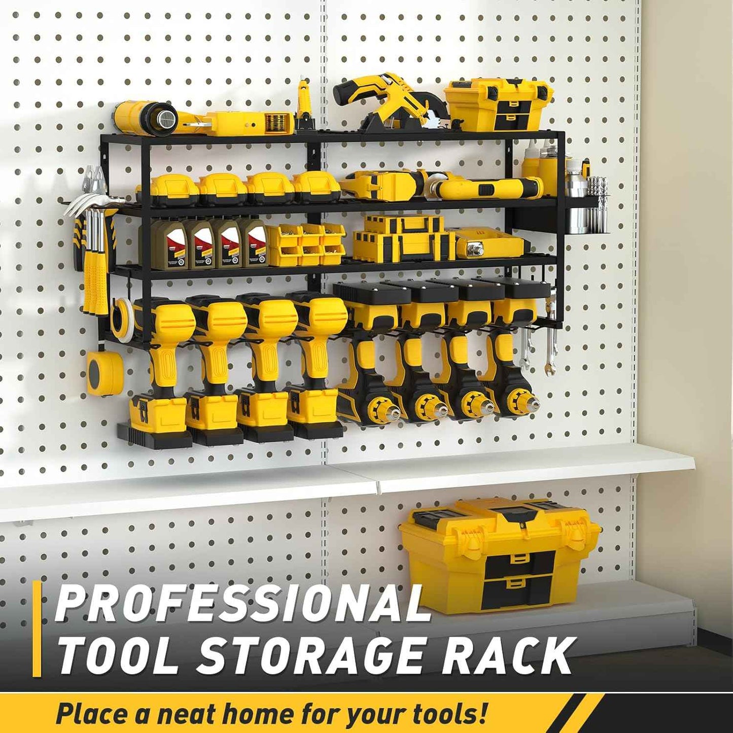 Heavy-Duty Wall-Mount Power Tool Organizer - 3 Extra Large Layers, 300lbs Capacity, 8 Cordless Drill Holders for Garage & Workshop