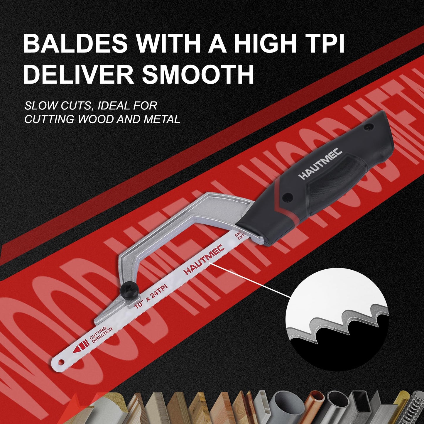 HAUTMEC Mini Hacksaw, 10" Compact Hacksaw with Cutting Guide Design, Tool-Free Blade Change, Compatible with 10"/12" Blades, Lightweight Hack Saw for Metal, PVC & Wood Cutting – HT0427