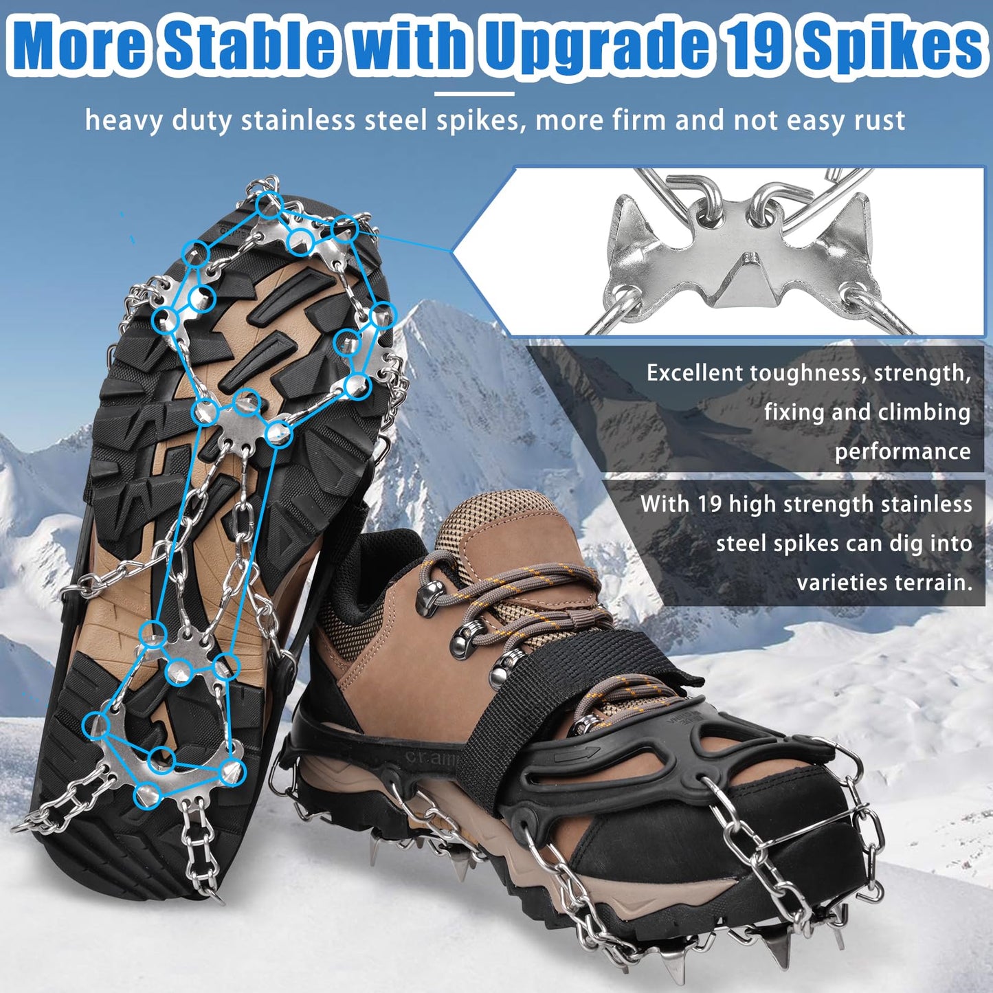 Crampons 19 Spikes Shoes Anti Slip Ice Cleats for Shoes and Boots, Traction Snow Cleats Crampons for Hiking Boots Women Men Safe Protect for Winter Walking Hiking Ice Fishing, Size XL