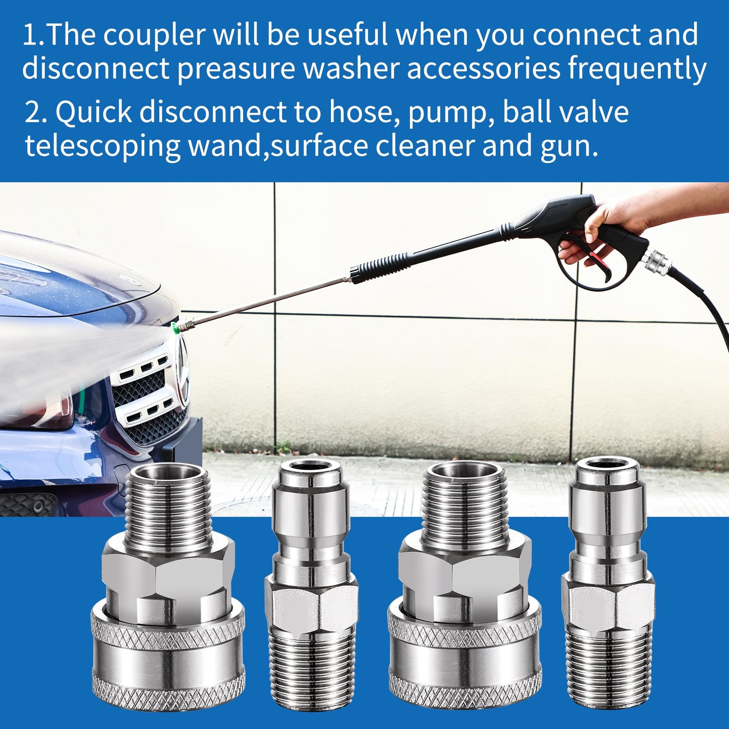 FENG PAI 4Pack NPT 3/8 Inch Pressure Washer Adapter Set, 4 Sets Stainless Steel External and Internal Male Female Quick Connector Kit, Pressure Washer External, Internal Female and Male Thread Fitting