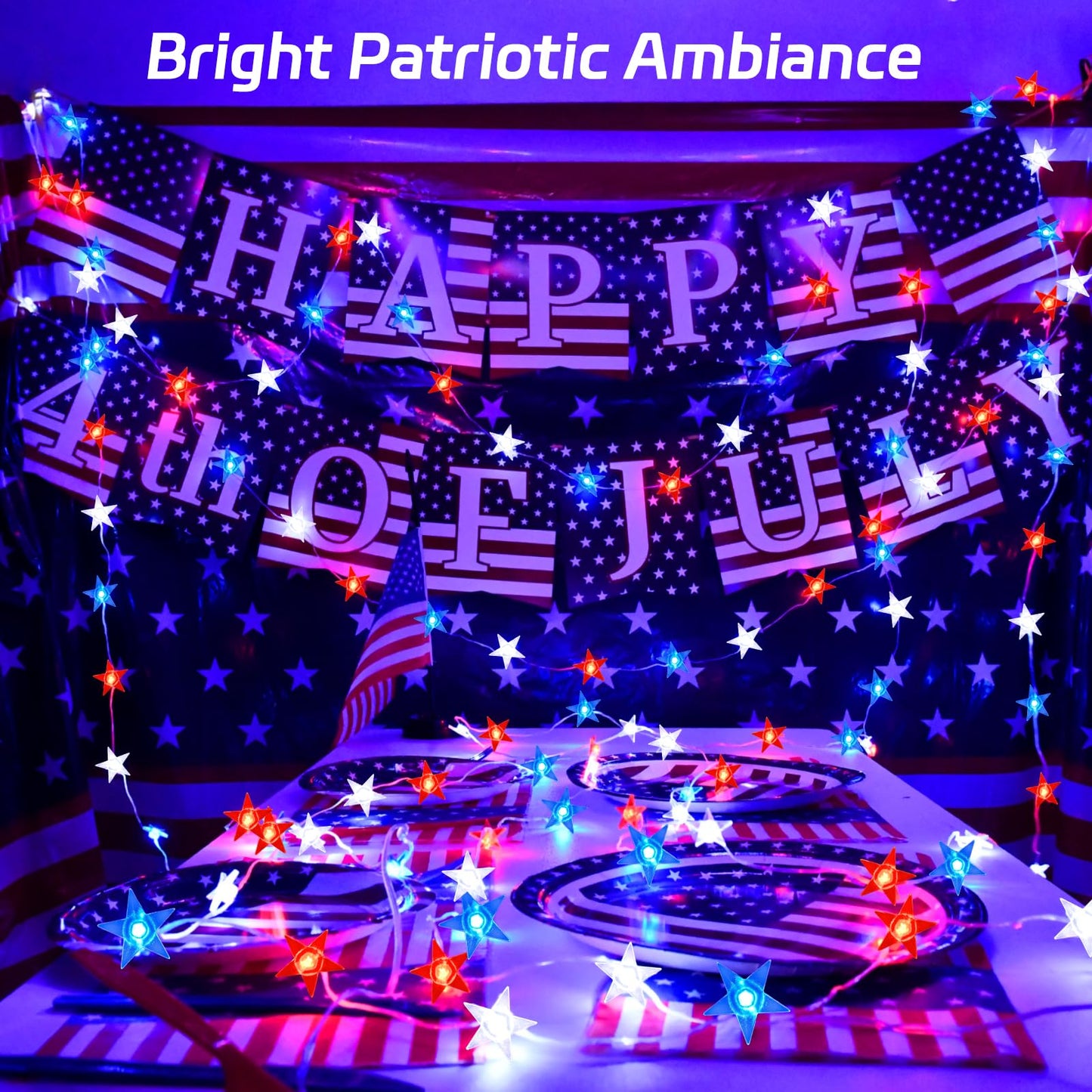 cshare 4th of July Lights Battery Operated, Red White and Blue Lights with Timer Outdoor Waterproof, 13ft 40LED Patriotic Star String Lights for Memorial Day Presidents Day Independence Day