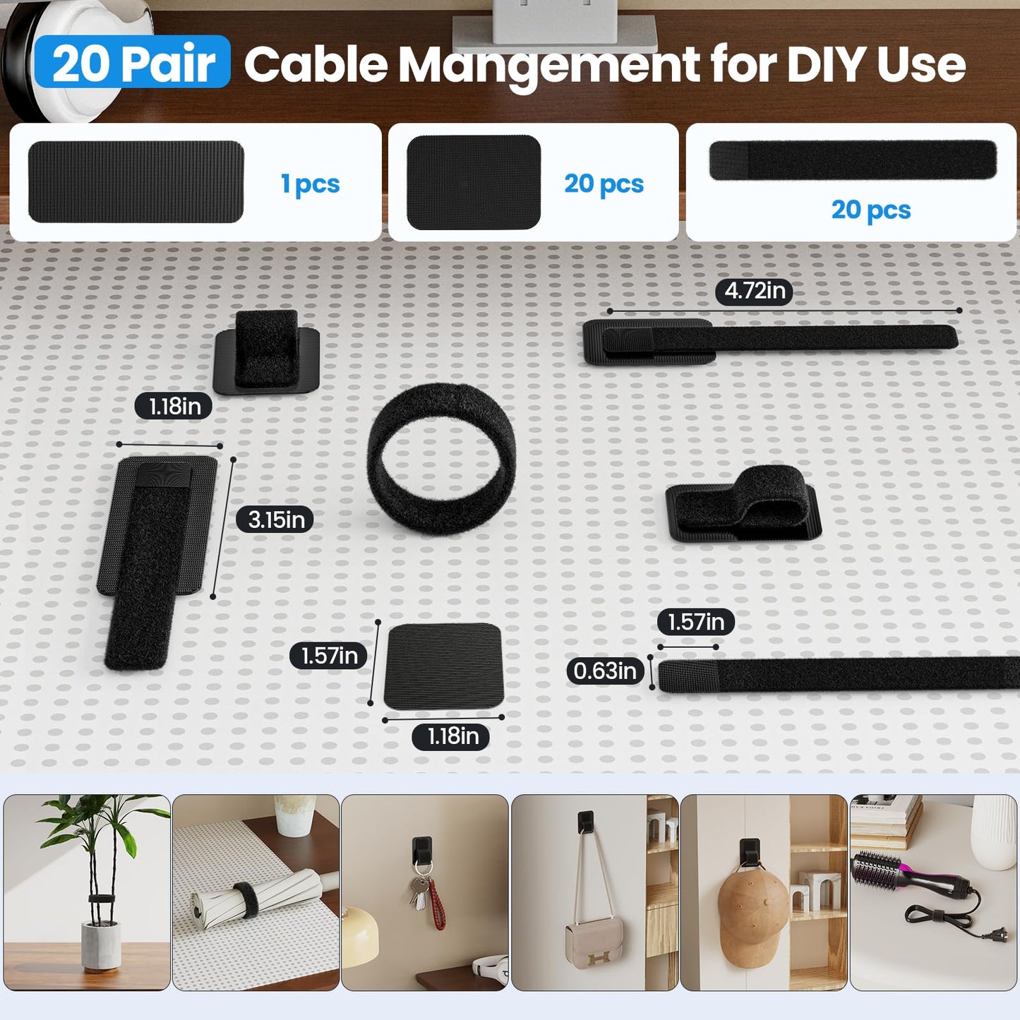 Cable Management Under Desk, 【Up to 15 Cord】【Enhanced Wire Holder】 Cord Organizer, Adjustable Hook and Loop Cable Ties, Reusable Cord Holder, Cable Hider Clips Under Table, 20 Pair